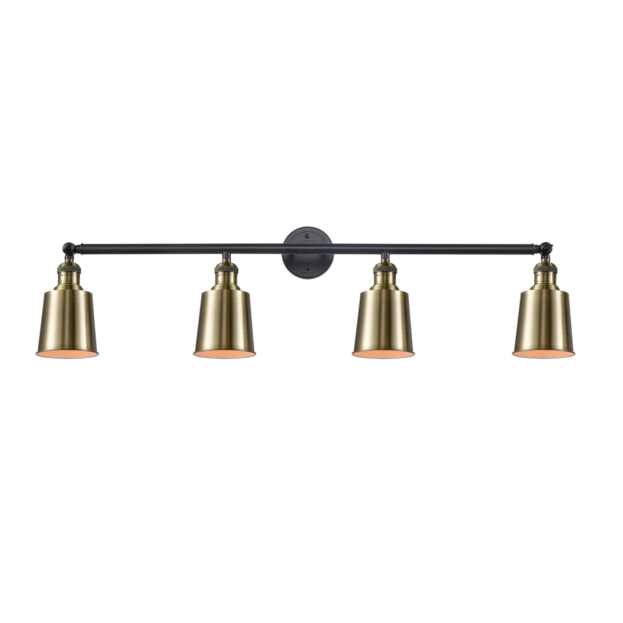 Shown in Black Antique Brass finish and Antique Brass Addison shade