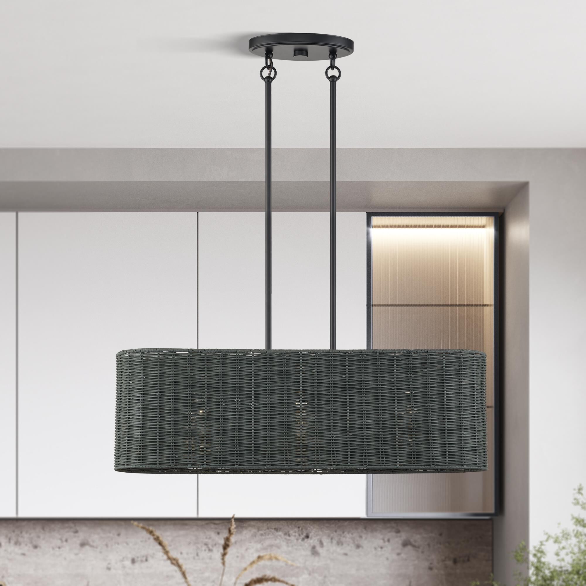 Shown in Black finish and Hand-Woven Charred Gray Color Rattan shade