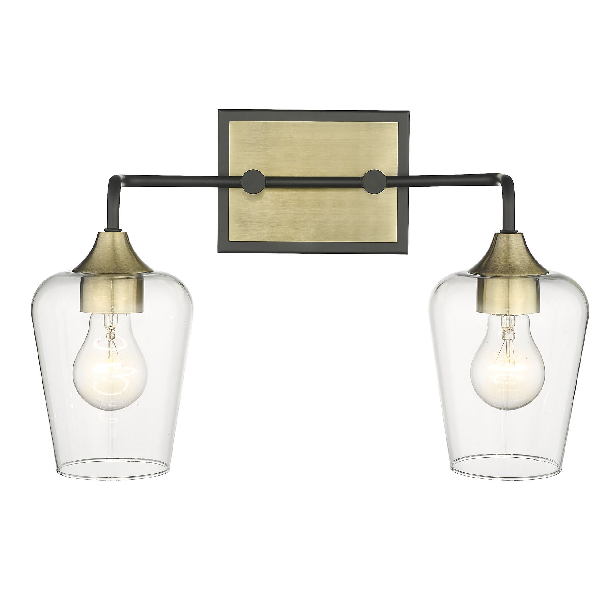 Shown in Antique Brass And Black finish and Clear Glass shade