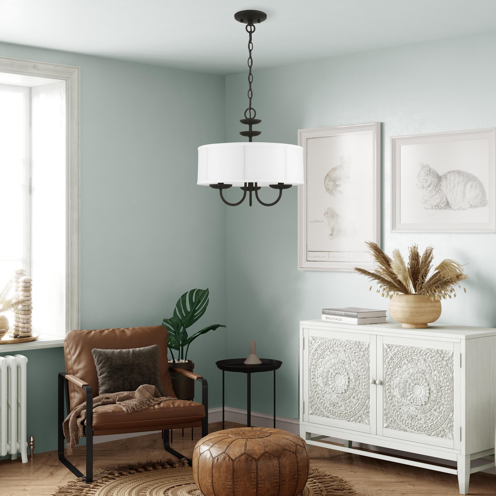 Shown in Black finish and Off-White Fabric Hardback with White Fabric Inside shade