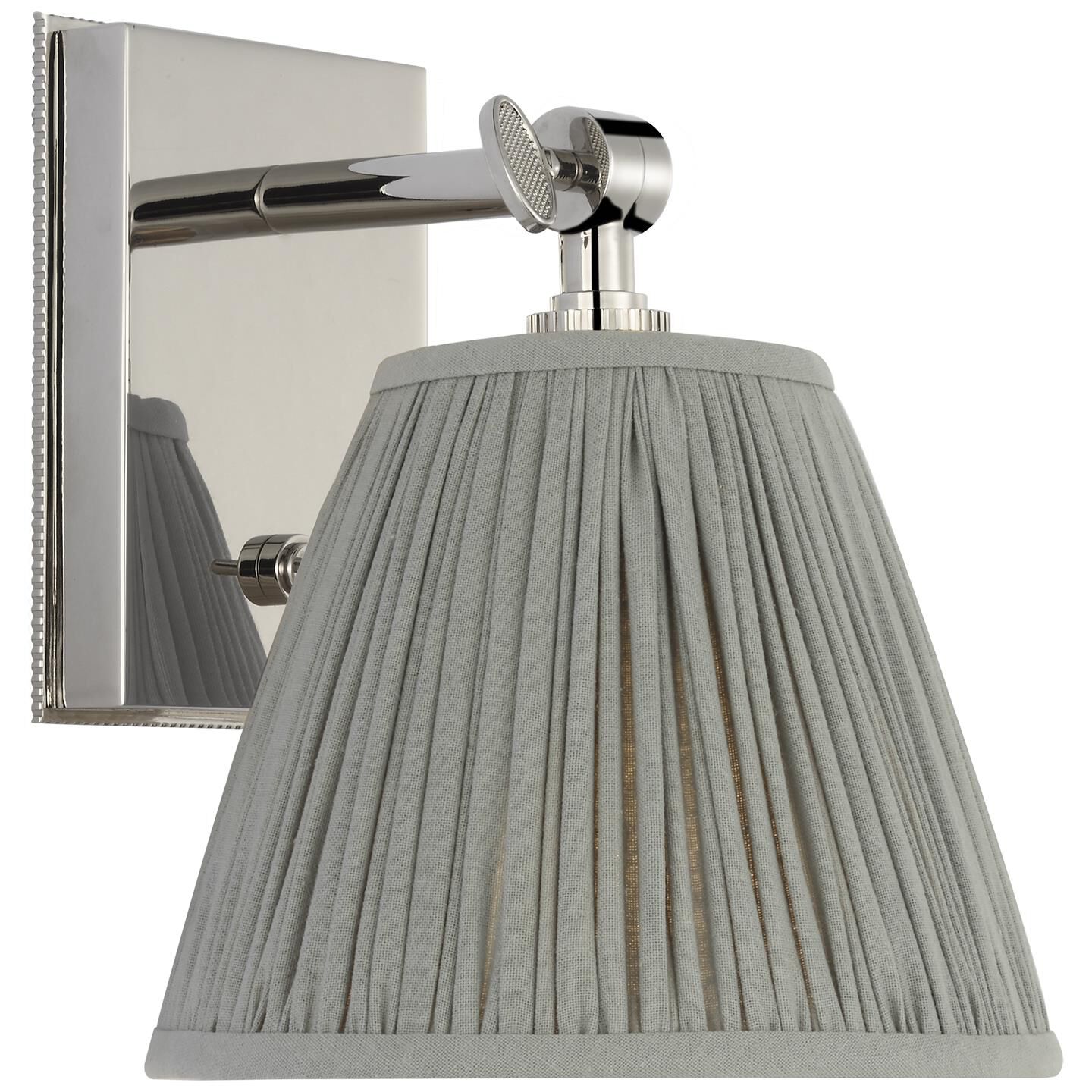 Shown in Polished Nickel finish and Blue Linen Pleated shade