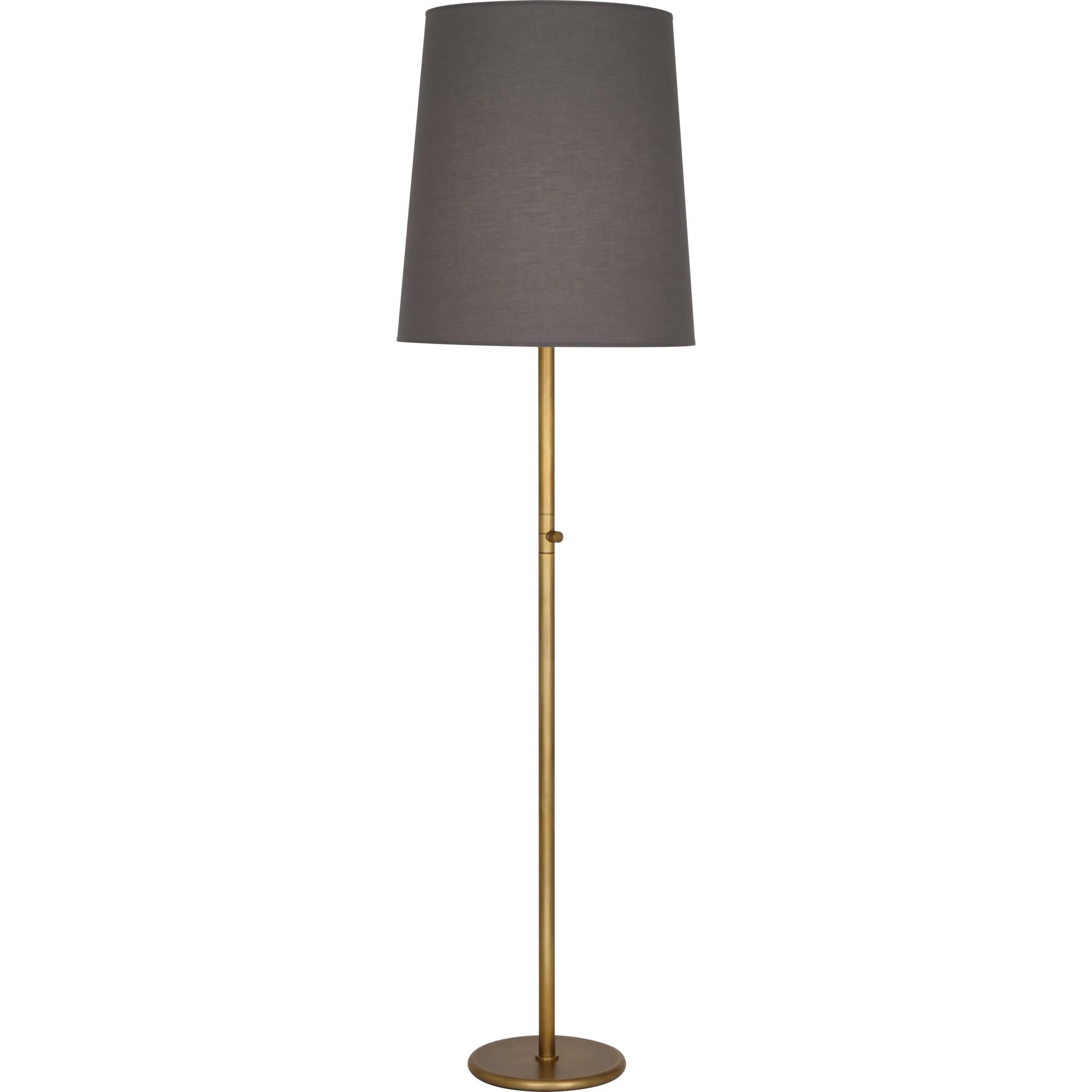 Shown in Aged Brass finish and Smoke Gray Fabric shade
