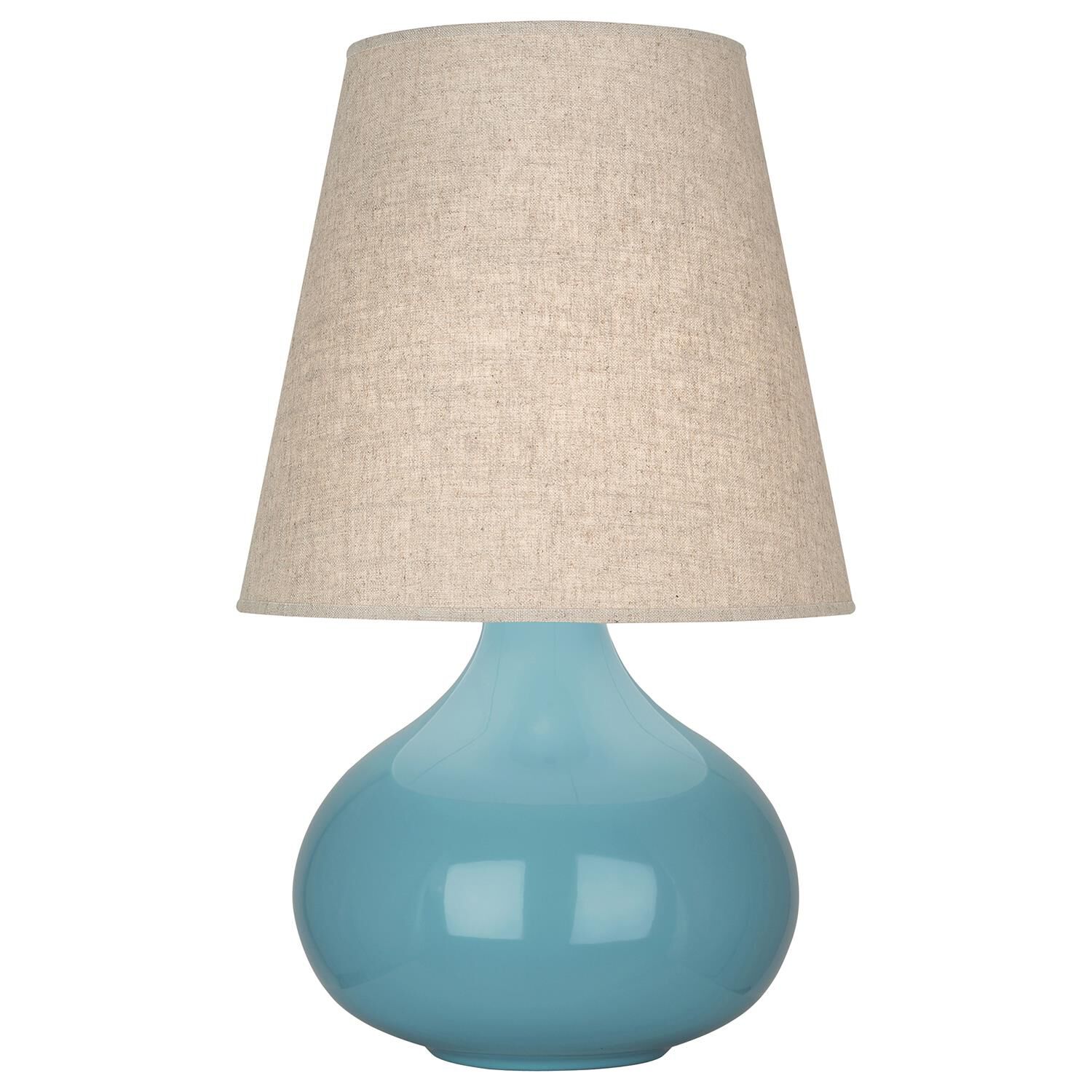 Shown in Steel Blue Glazed Ceramic finish and Buff Linen shade