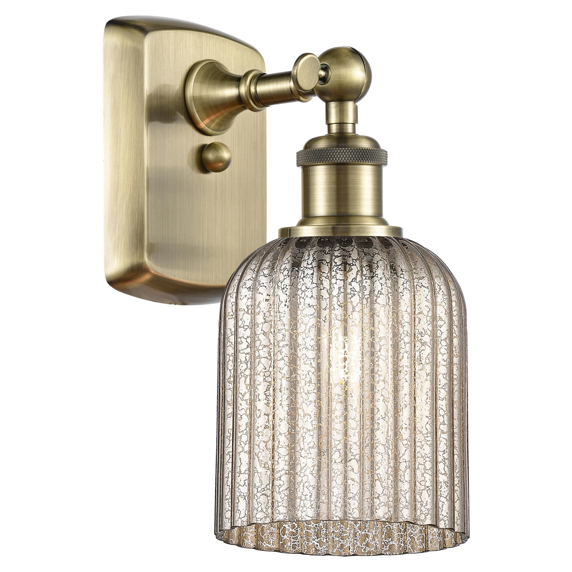 Shown in Antique Brass finish and Mercury shade