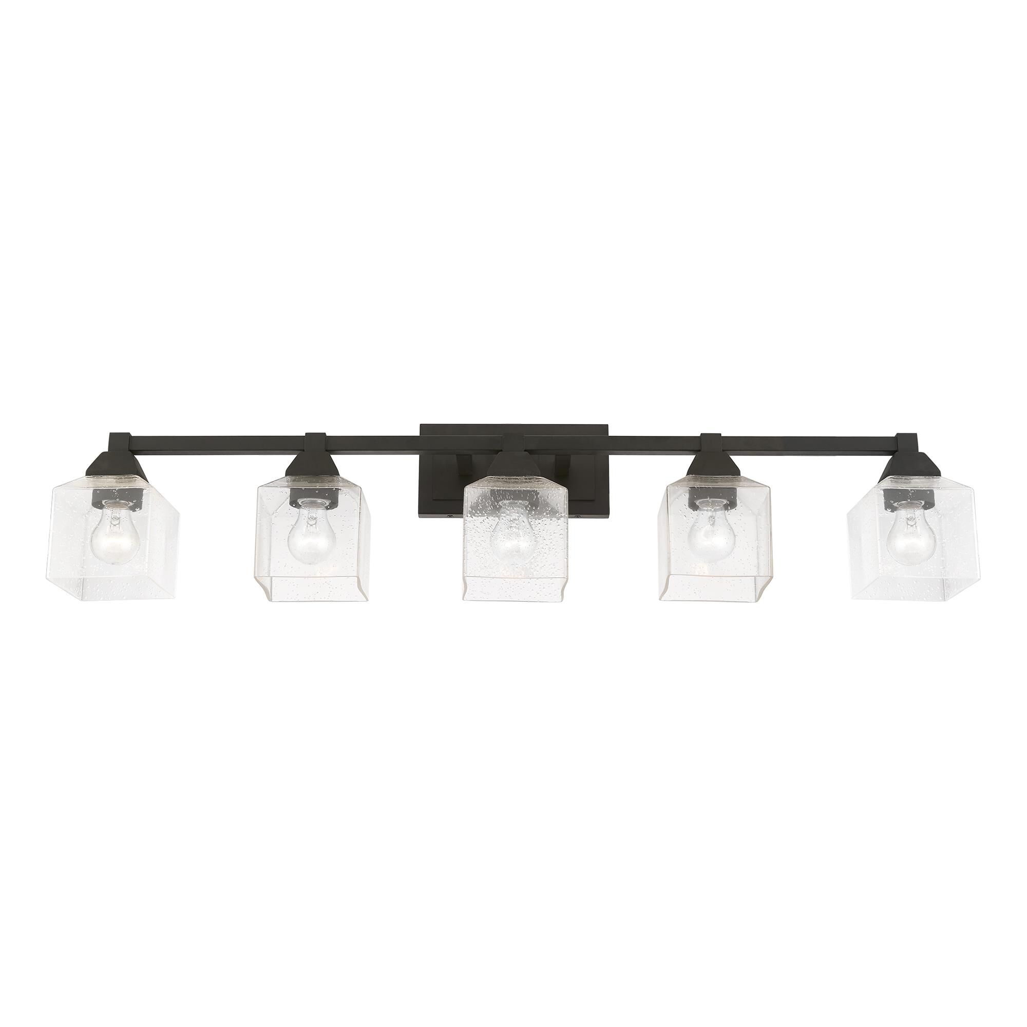Shown in Black finish and Hand Blown Clear Seeded glass