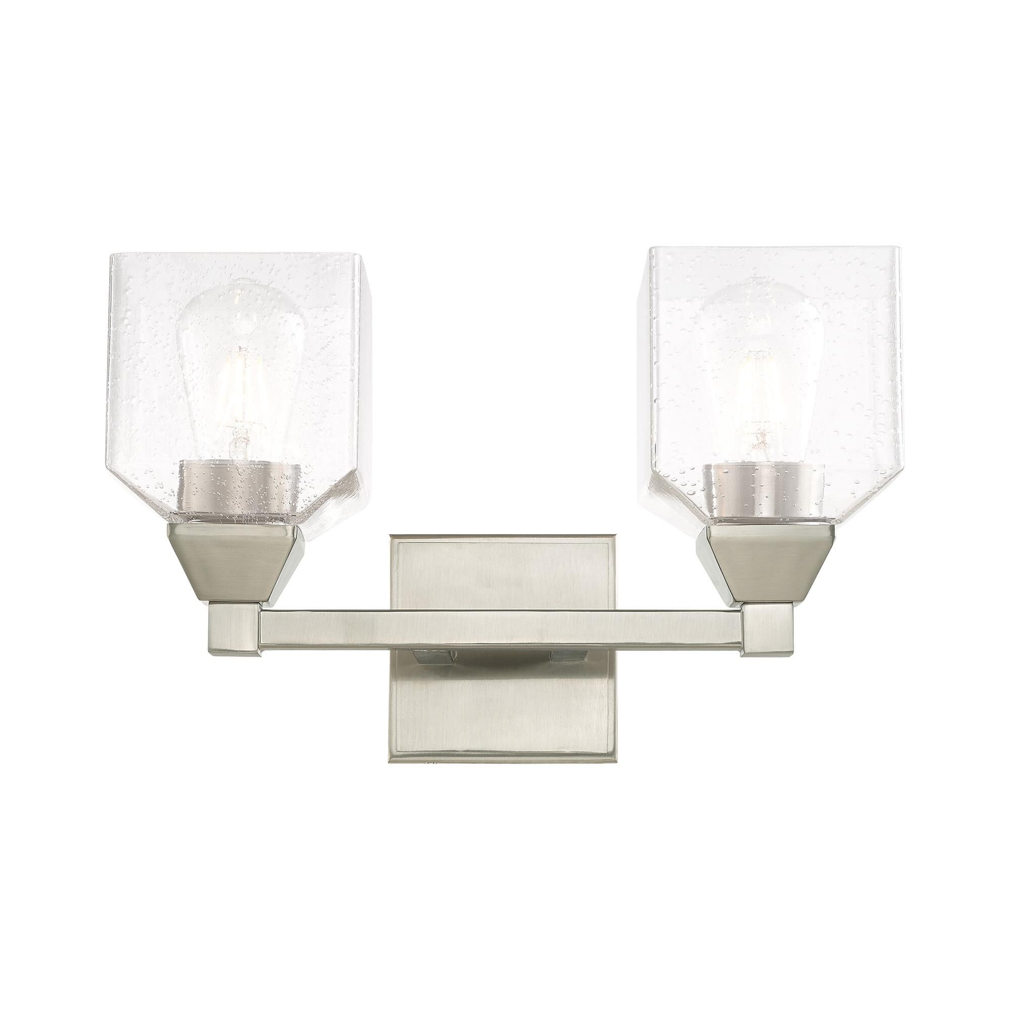 Shown in Brushed Nickel finish and Hand Blown Clear Seeded glass