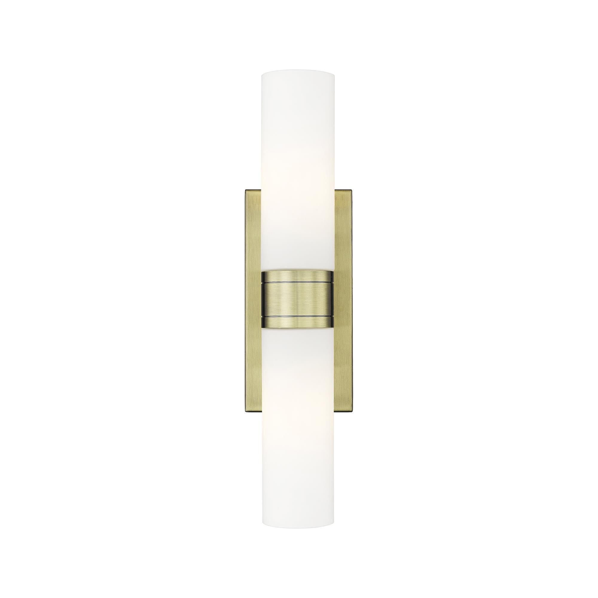 Shown in Antique Brass finish and Matte White glass