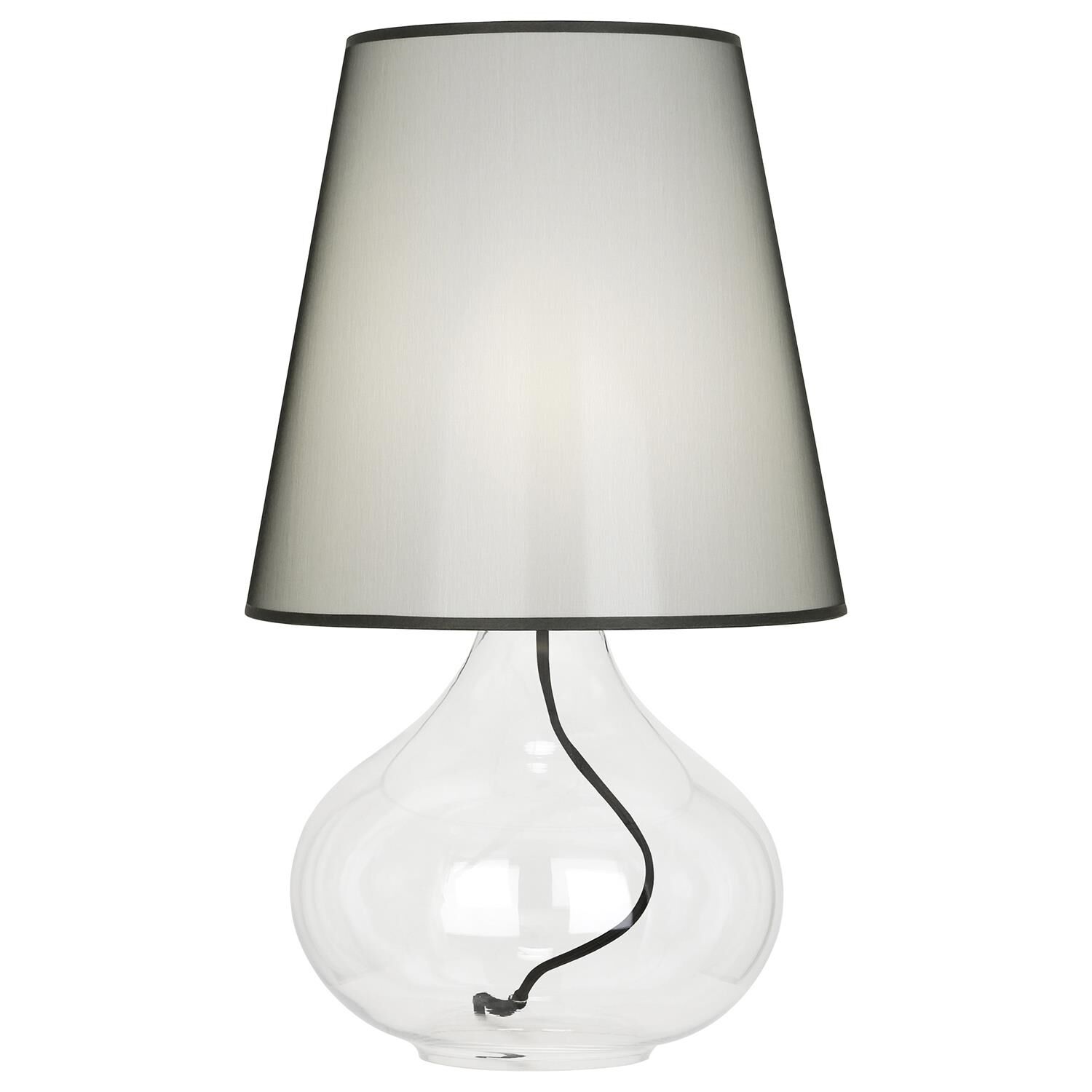 Shown in Clear Glass Body With Black Fabric Wrapped Cord finish and Black Organza Fabric shade