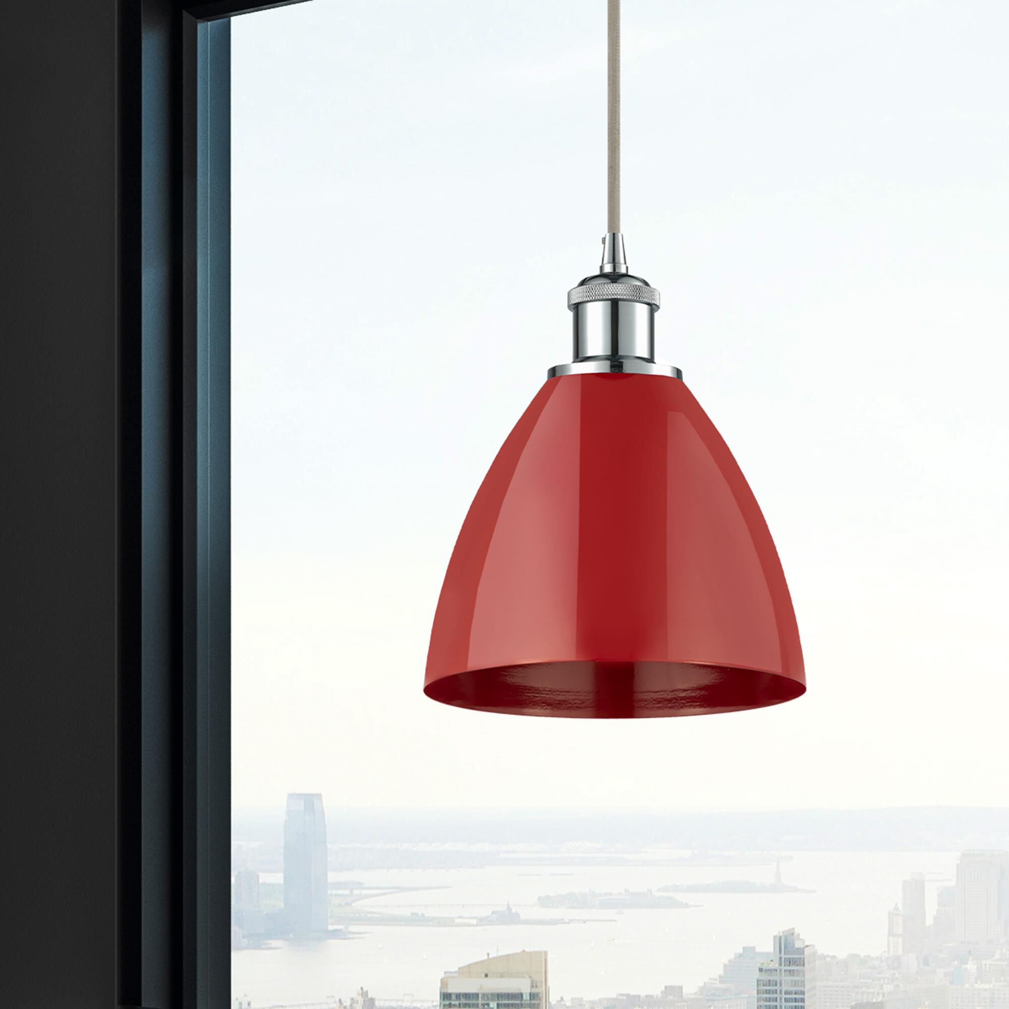 Shown in Polished Chrome finish and Red Plymouth Dome shade