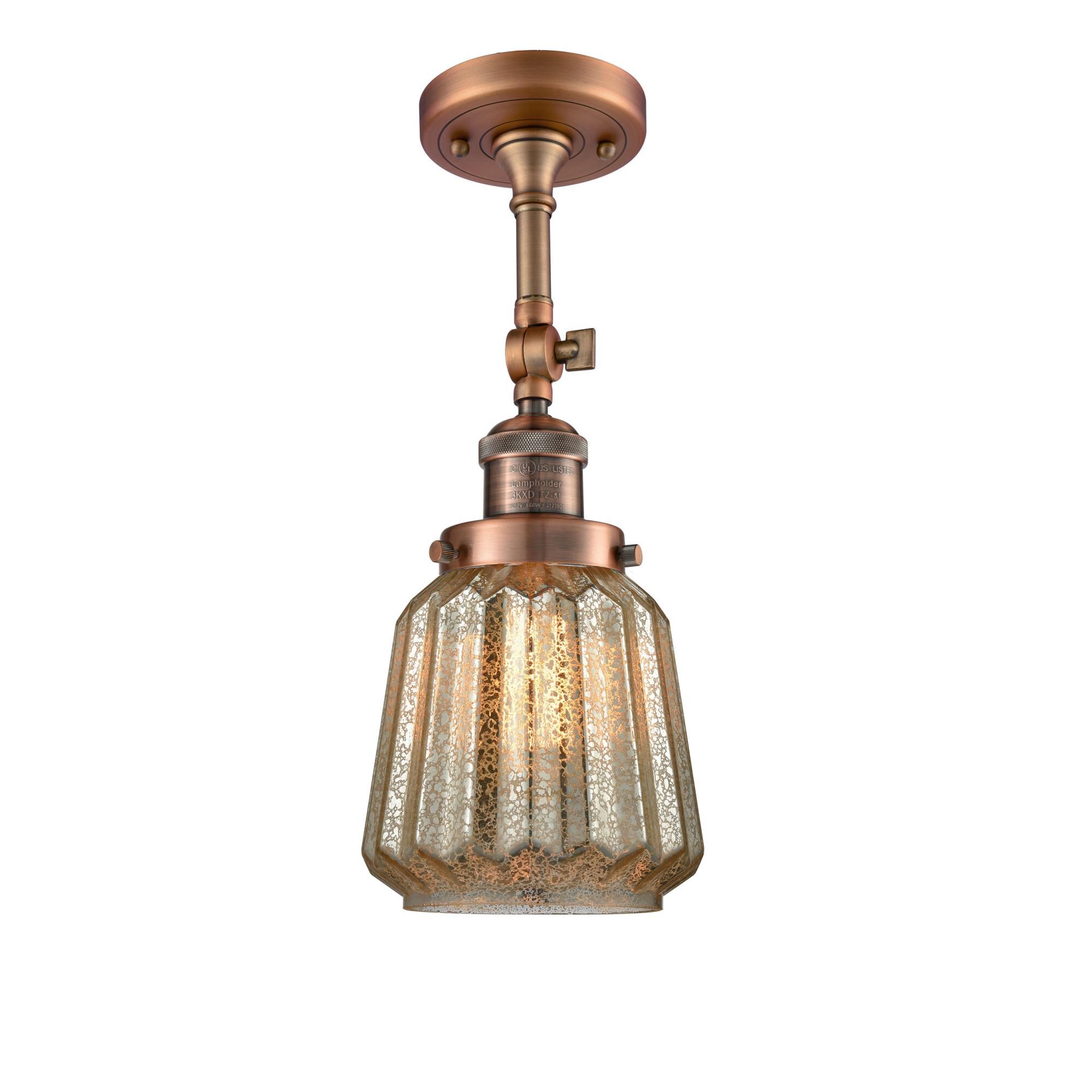 Shown in Antique Copper finish and Mercury Fluted glass