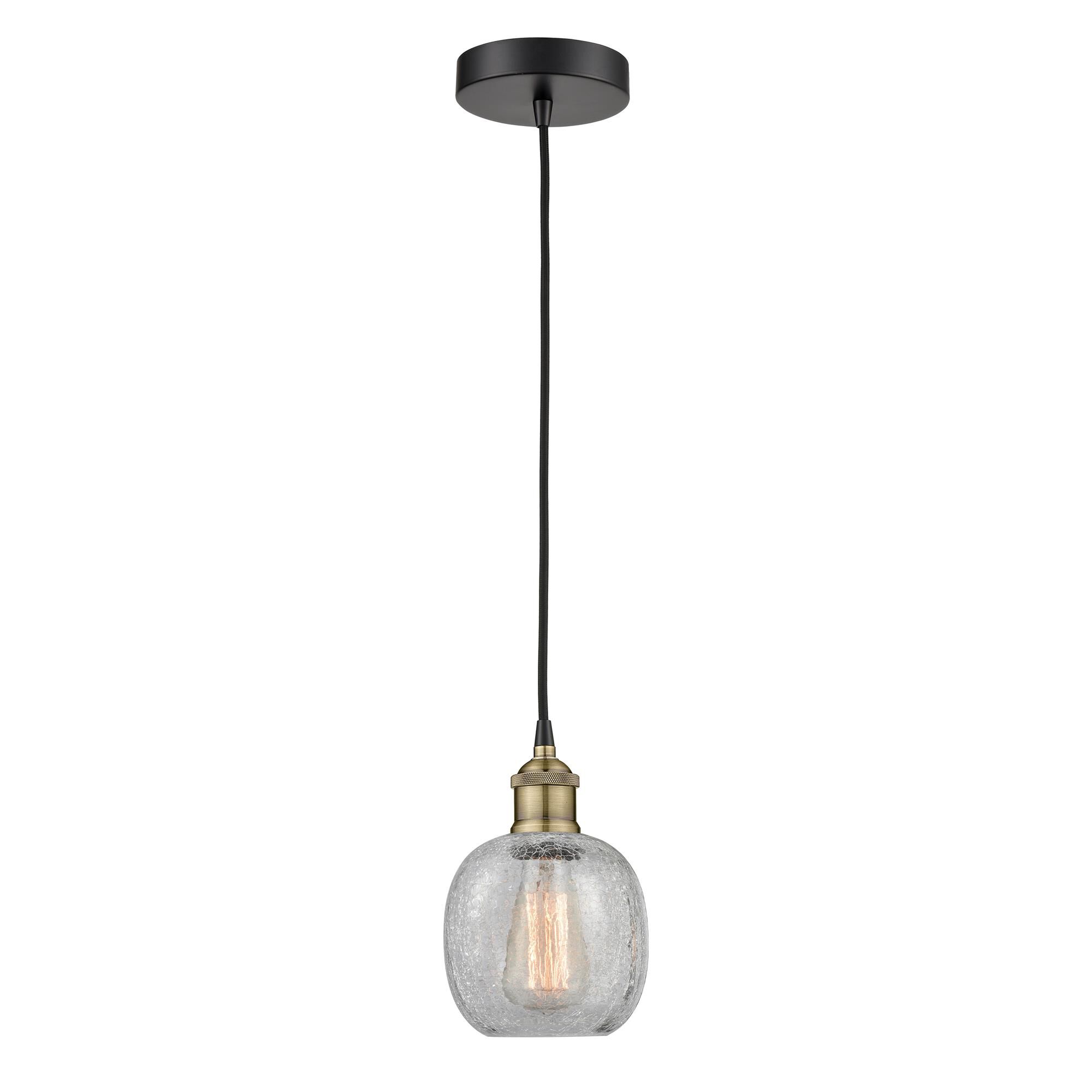 Shown in Black Antique Brass finish and Clear Crackle glass