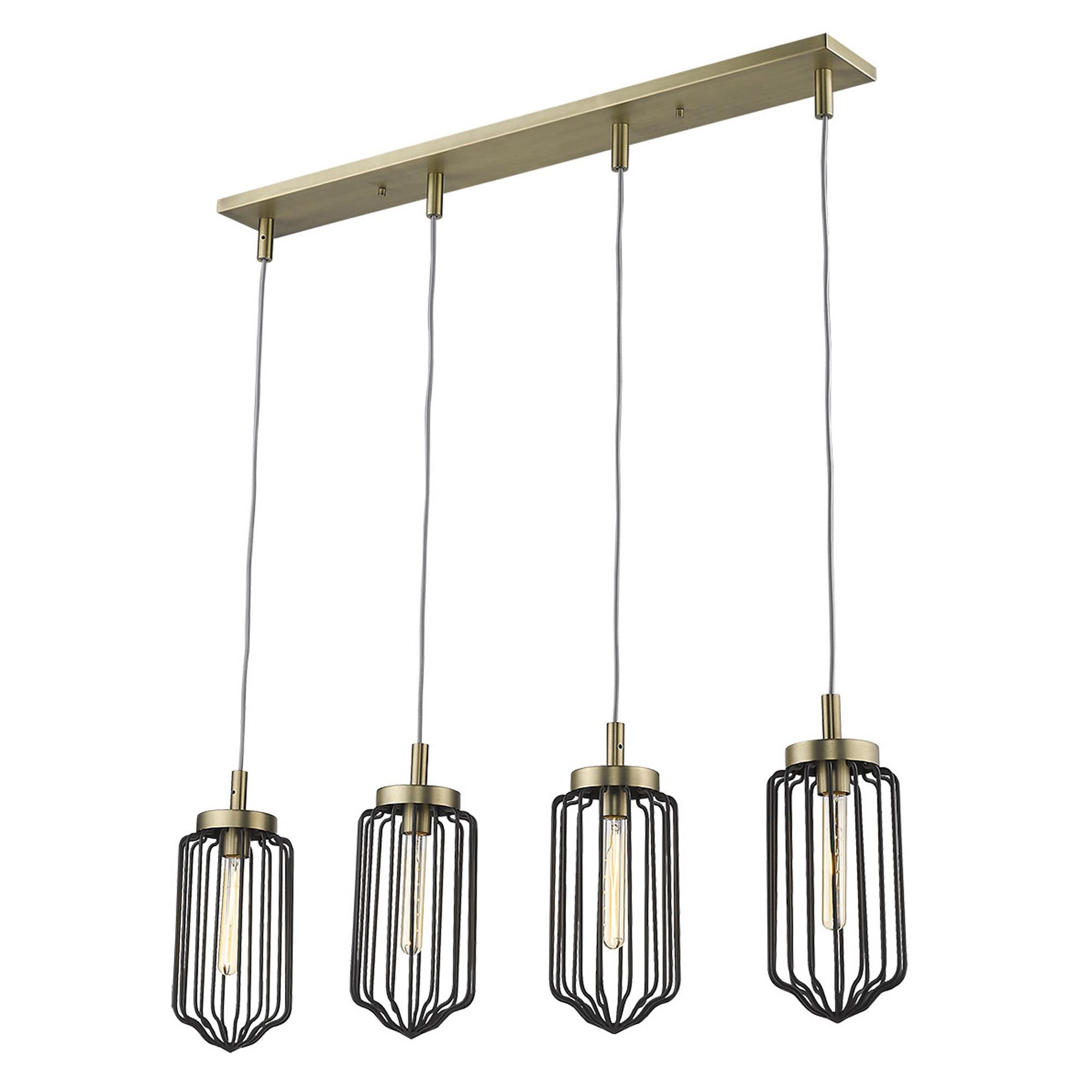 Shown in Aged Brass finish and Black glass and Black, Cylindrical Metal Cage s shade