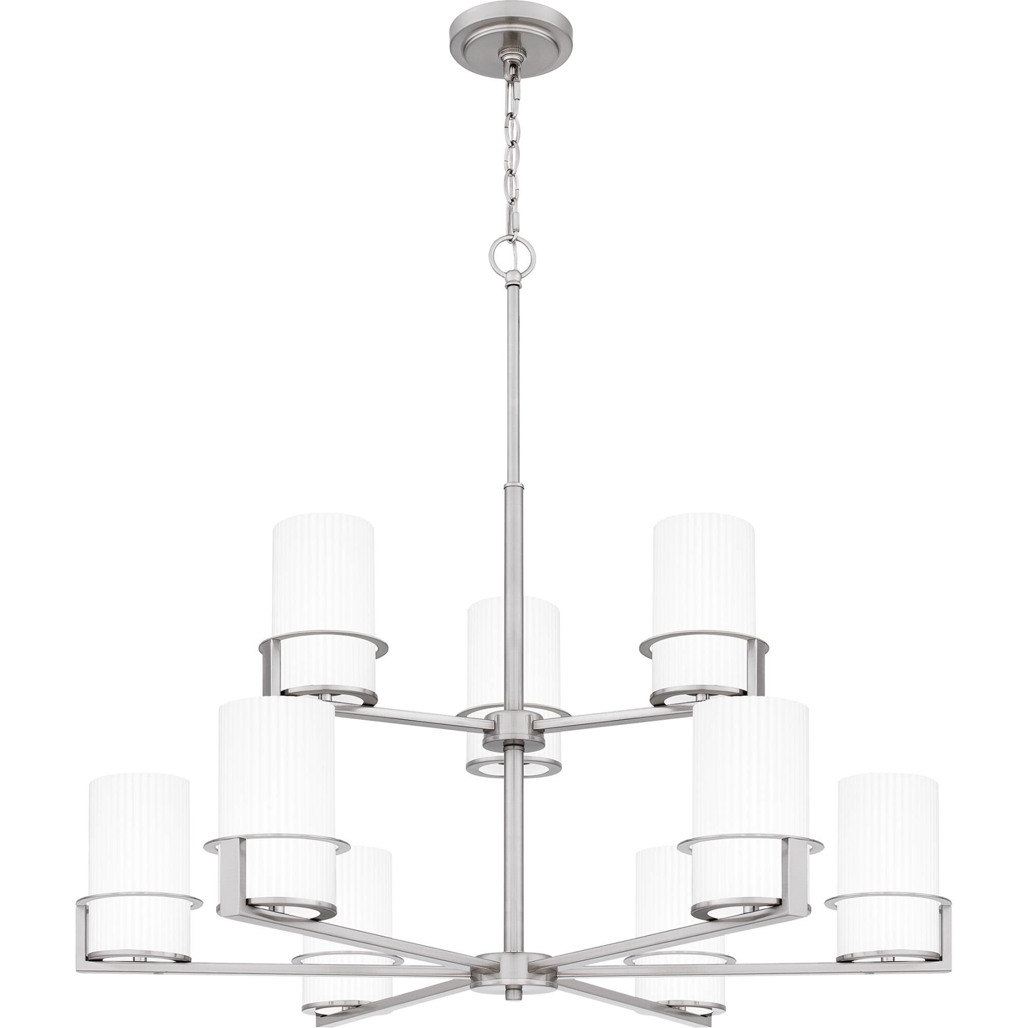 Shown in Brushed Nickel finish and Opal Etched Ribbed glass and Opal Etched Ribbed Glass shade