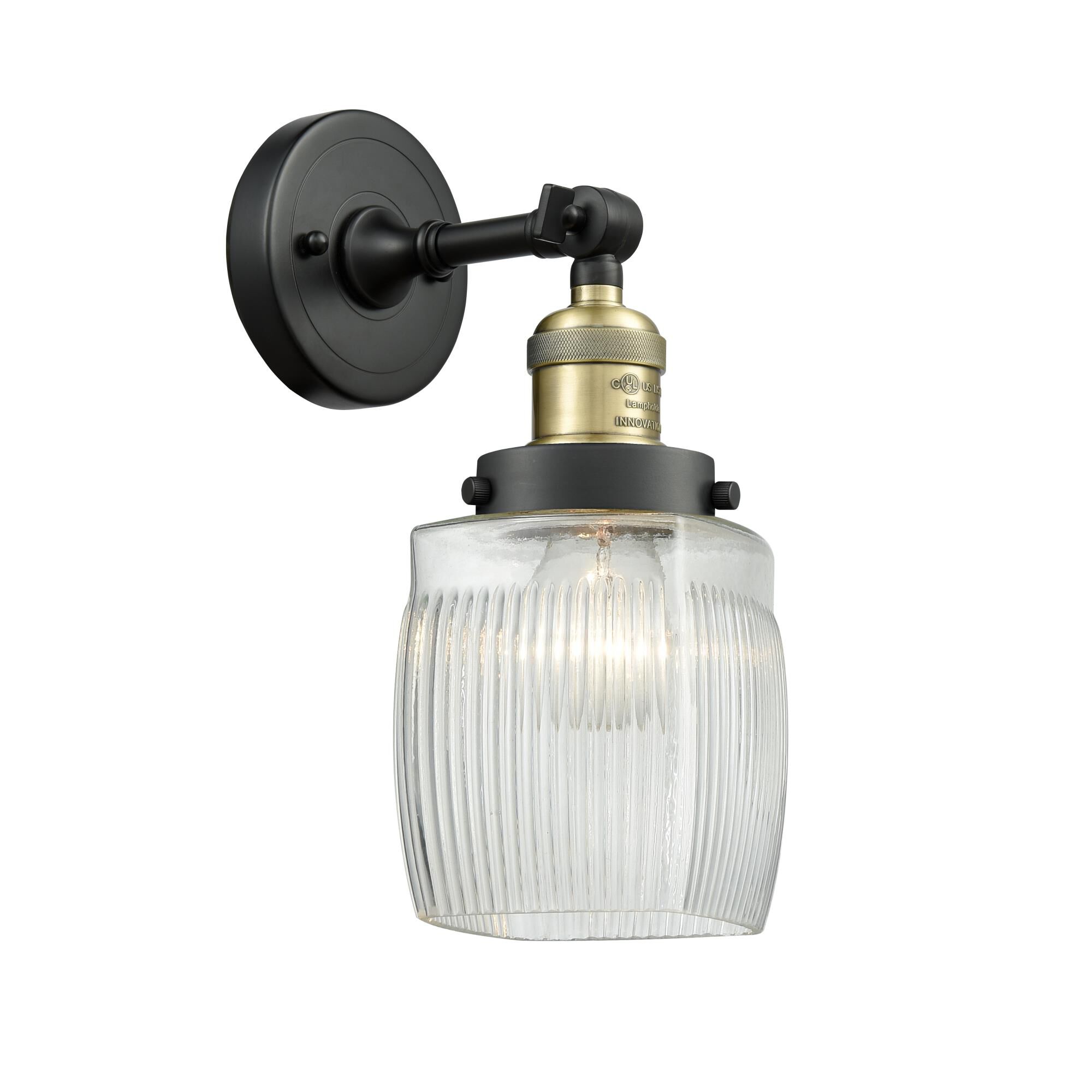 Shown in Black Antique Brass finish and Thick Clear Halophane glass and No Accent accent