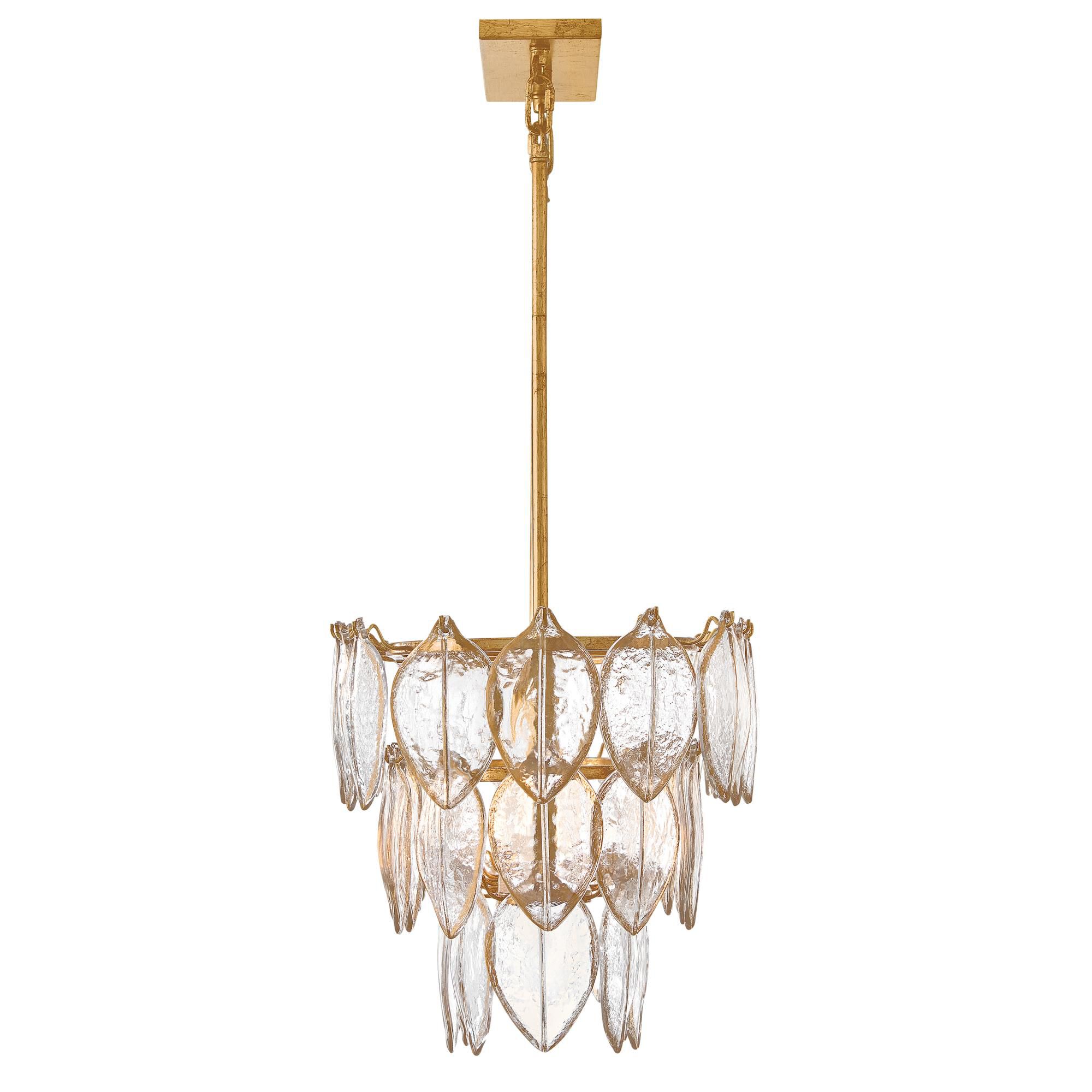 Shown in Distressed Brass finish and Clear Pressed glass