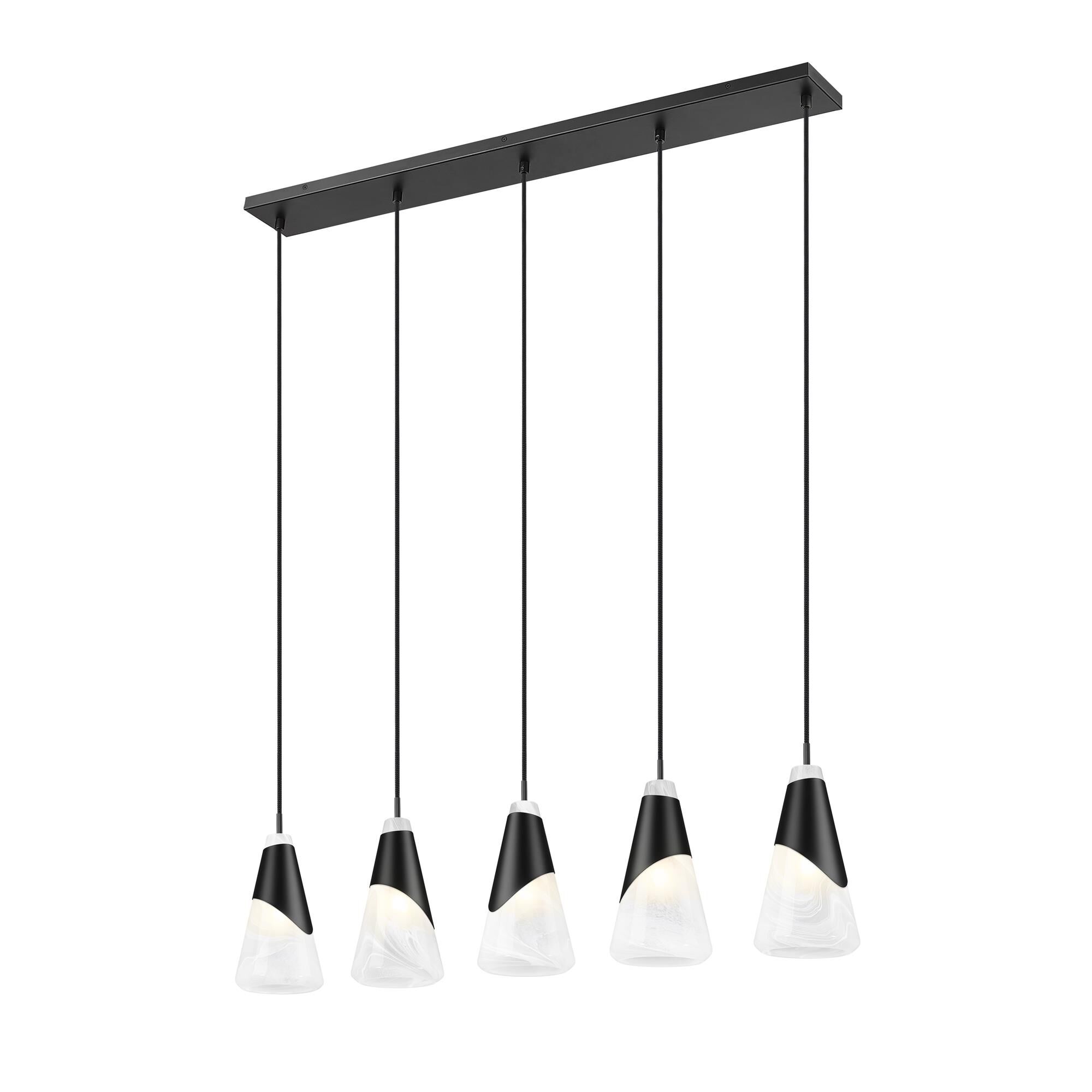 Shown in Matte Black finish and White Swirl glass and White Swirl shade