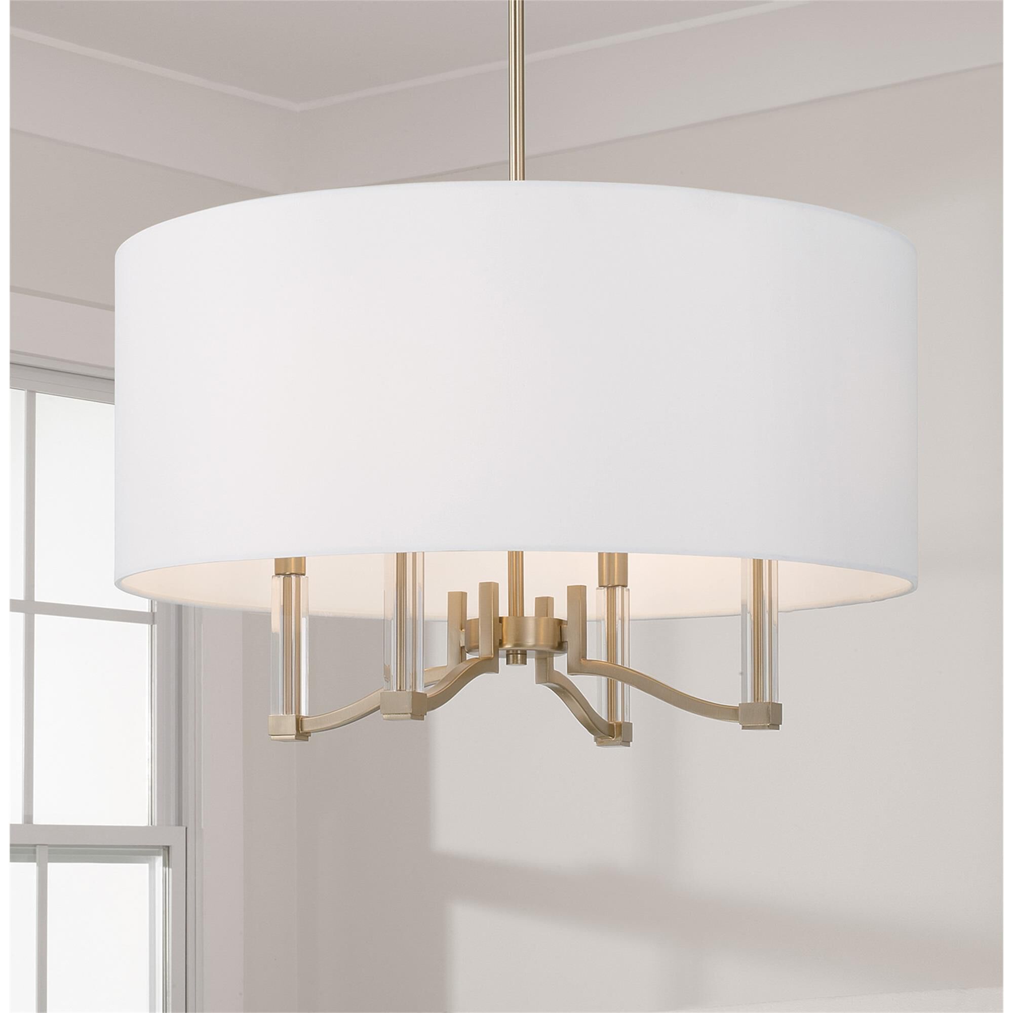 Shown in Matte Brass finish and White Fabric shade