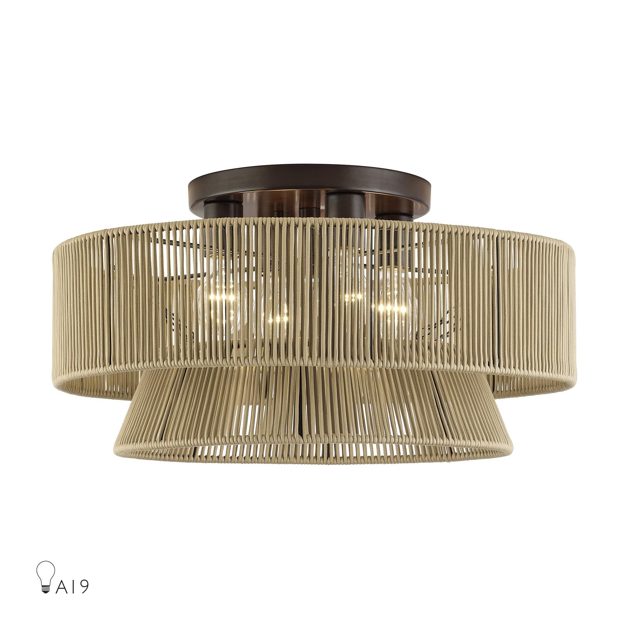 Shown in English Bronze finish and Hand-Woven Venetian Gold Color Polyester Rope shade