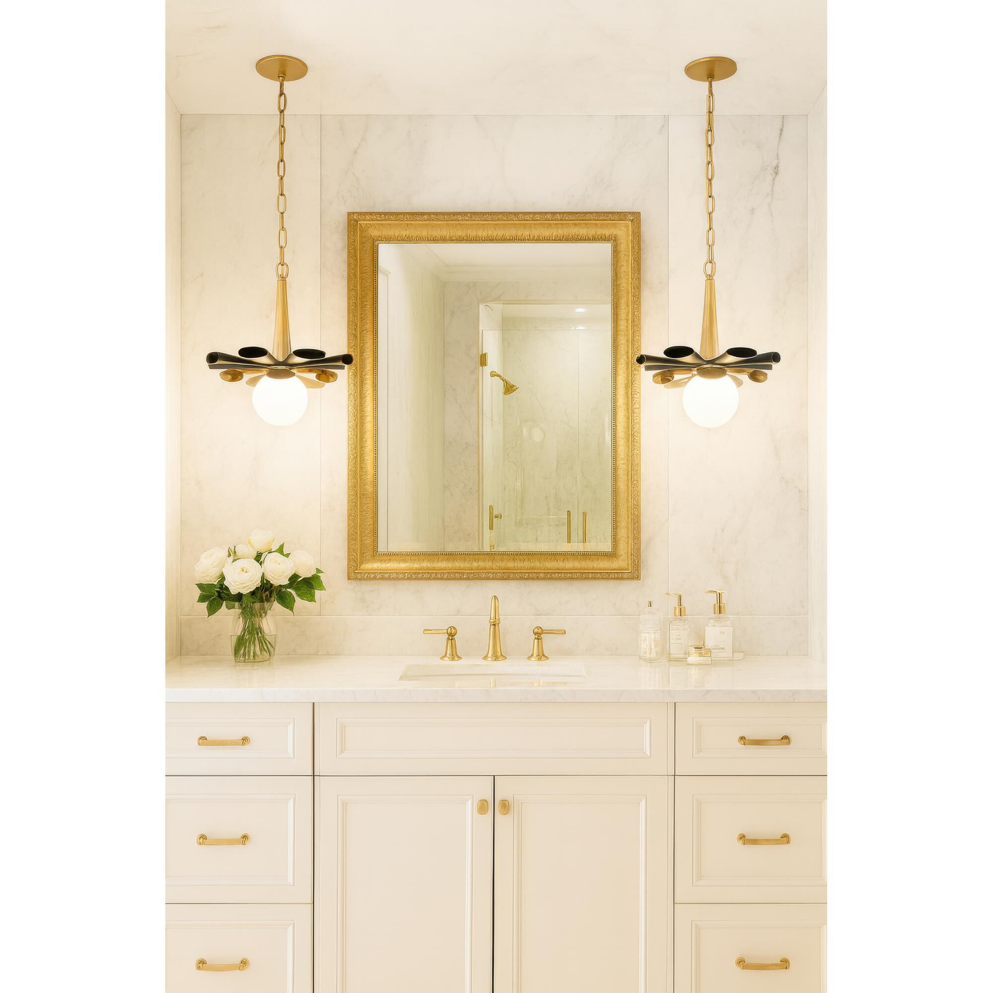 Shown in Black and Gold finish and Frosted Opal White glass