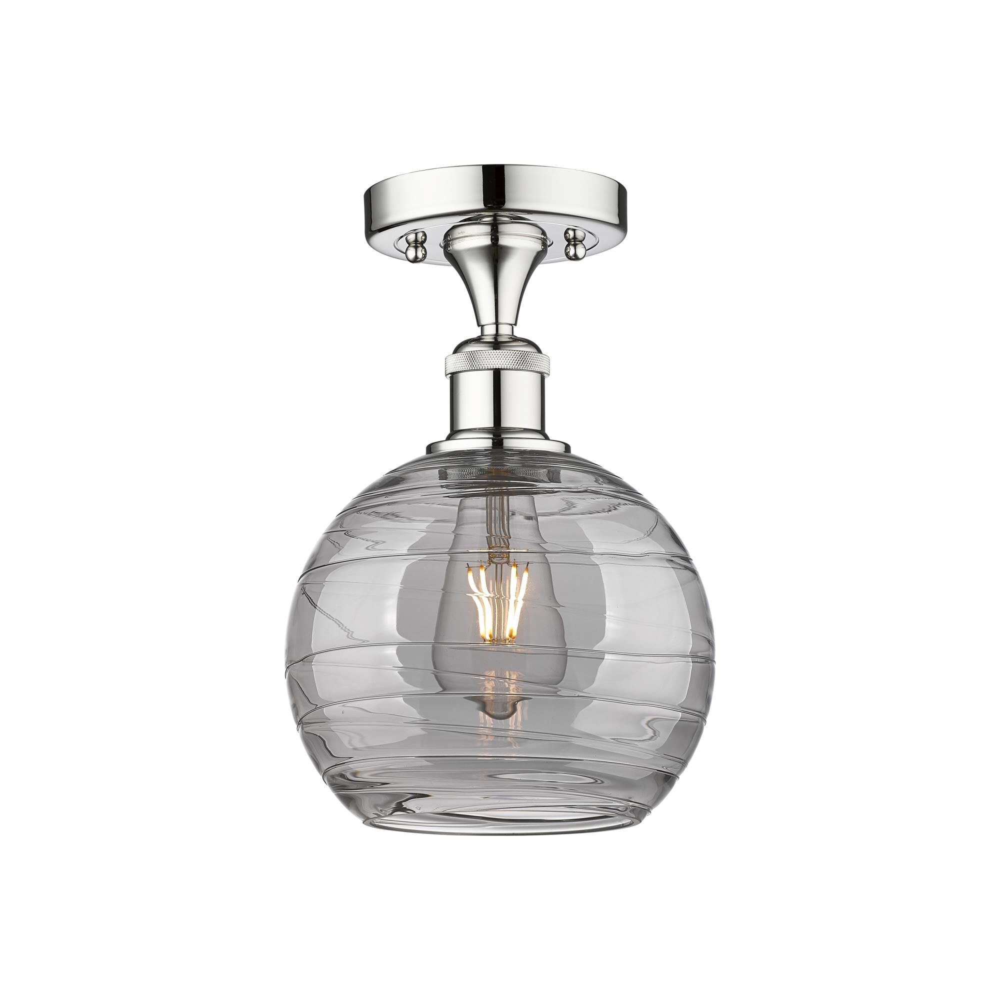 Shown in Polished Chrome finish and Light Smoke Deco Swirl glass