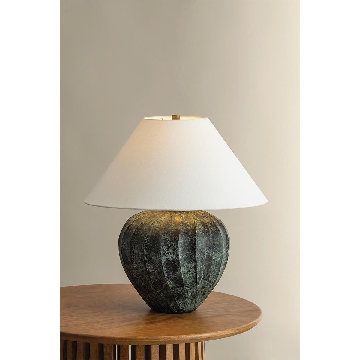 Shown in Patina Brass finish and Off White Linen shade