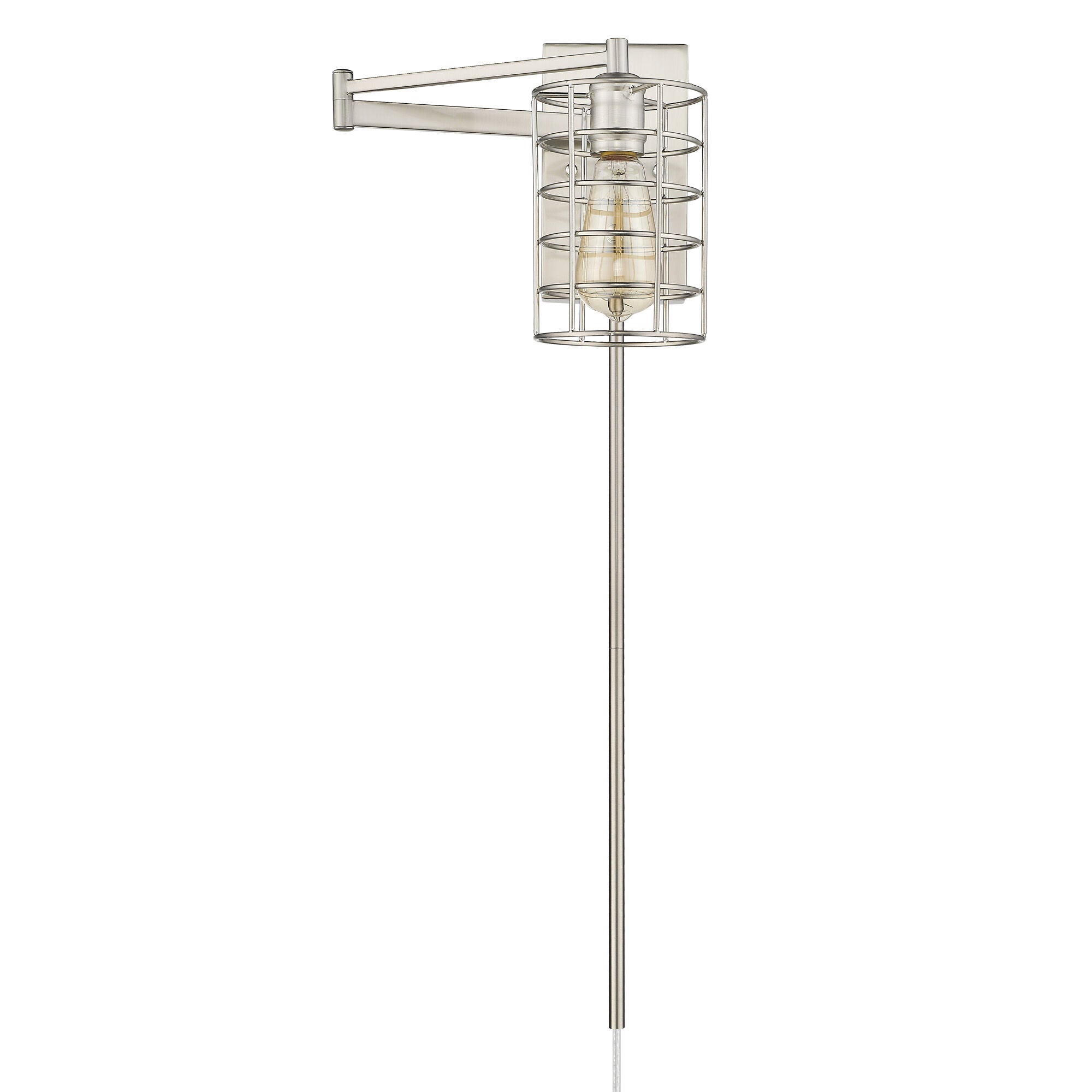 Shown in Satin Nickel finish and Satin Nickel glass and Satin Nickel, Cylindrical Metal Cage shade