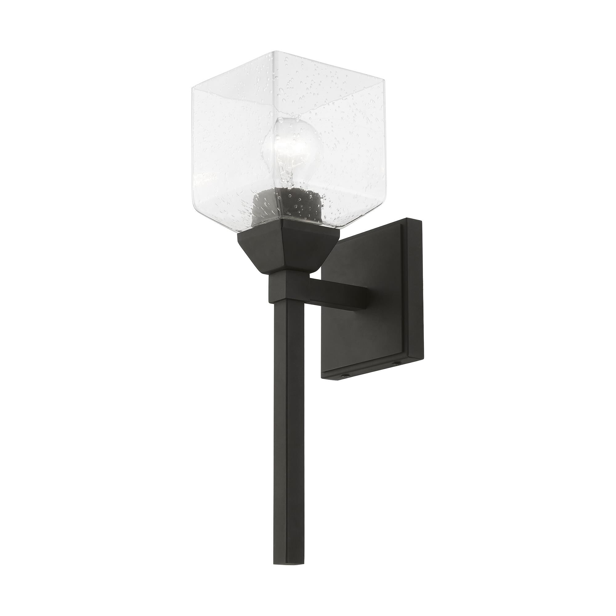 Shown in Black finish and Hand Blown Clear Seeded glass