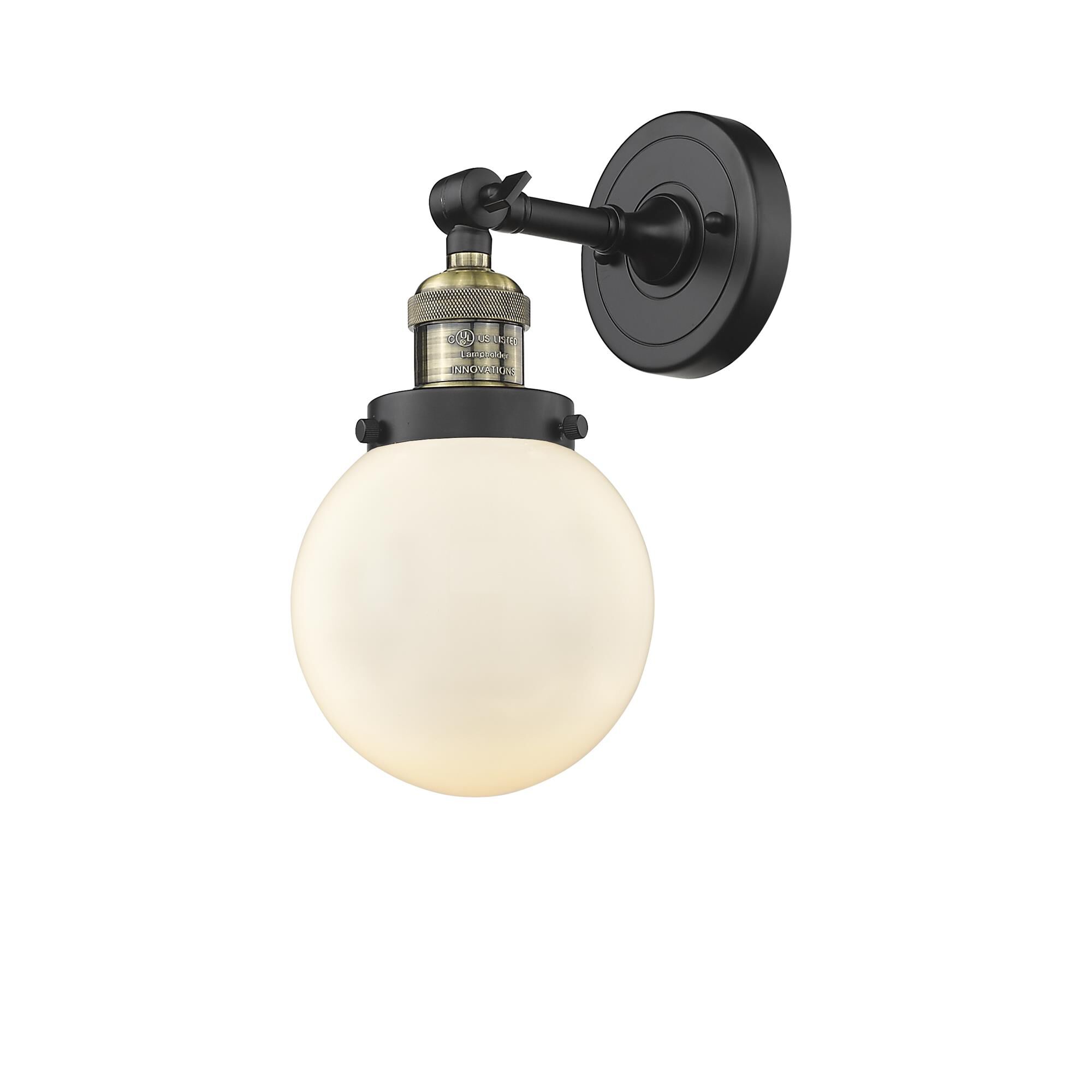 Shown in Black Antique Brass finish and Matte White Cased glass and No Accent accent