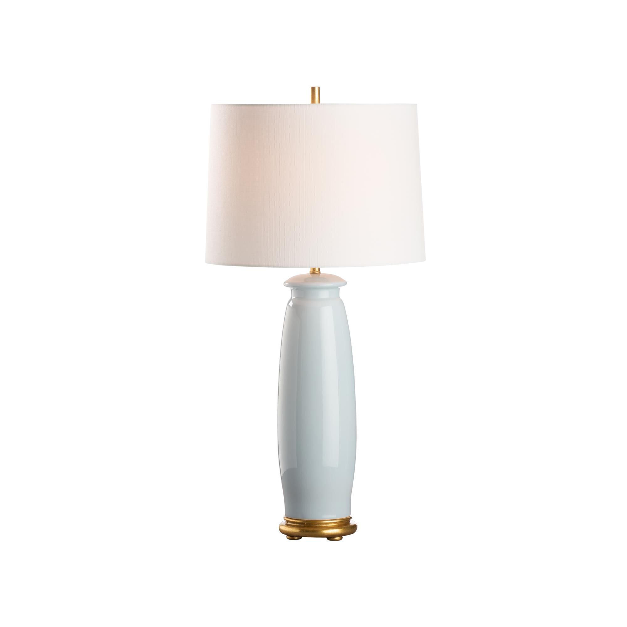 Shown in Blue and Gold finish and Linen shade