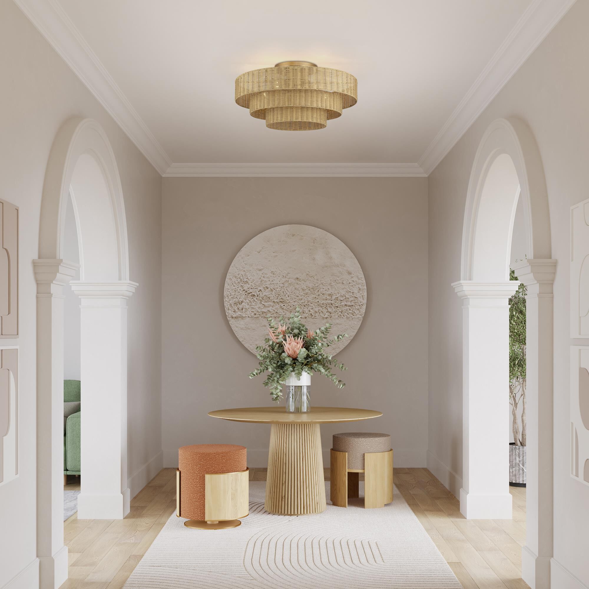 Shown in Antique Gold Leaf finish and Hand-Woven Rustic Walnut Color Rattan shade