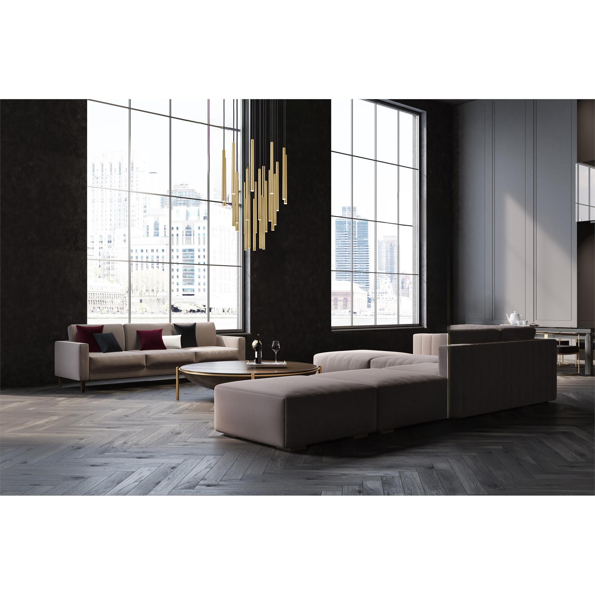 Shown in Modern Gold finish and Modern Gold glass and Modern Gold shade