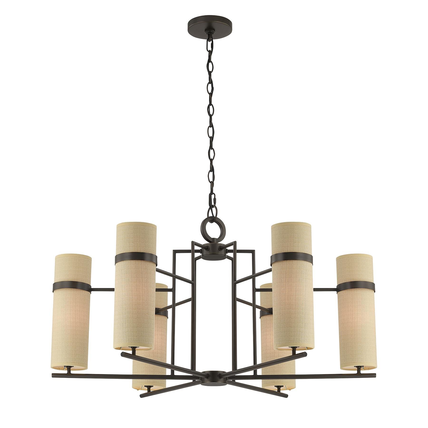 Shown in Mediterranean Bronze finish and Beige Fabric shade