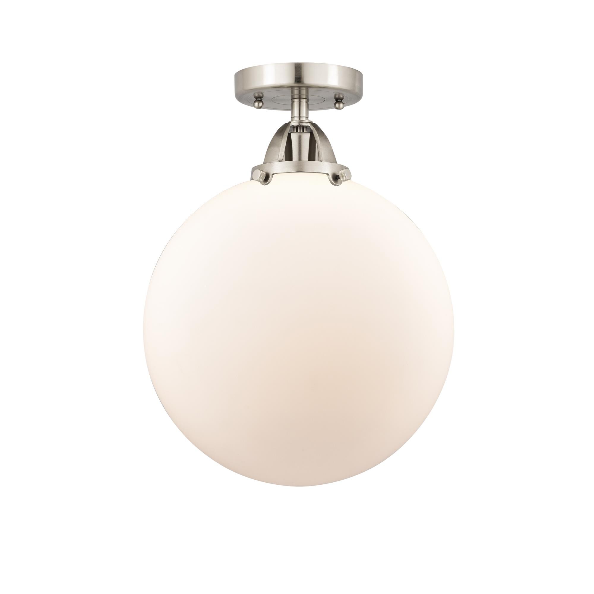 Shown in Brushed Satin Nickel finish and Matte White Cased Beacon glass and No Shade shade
