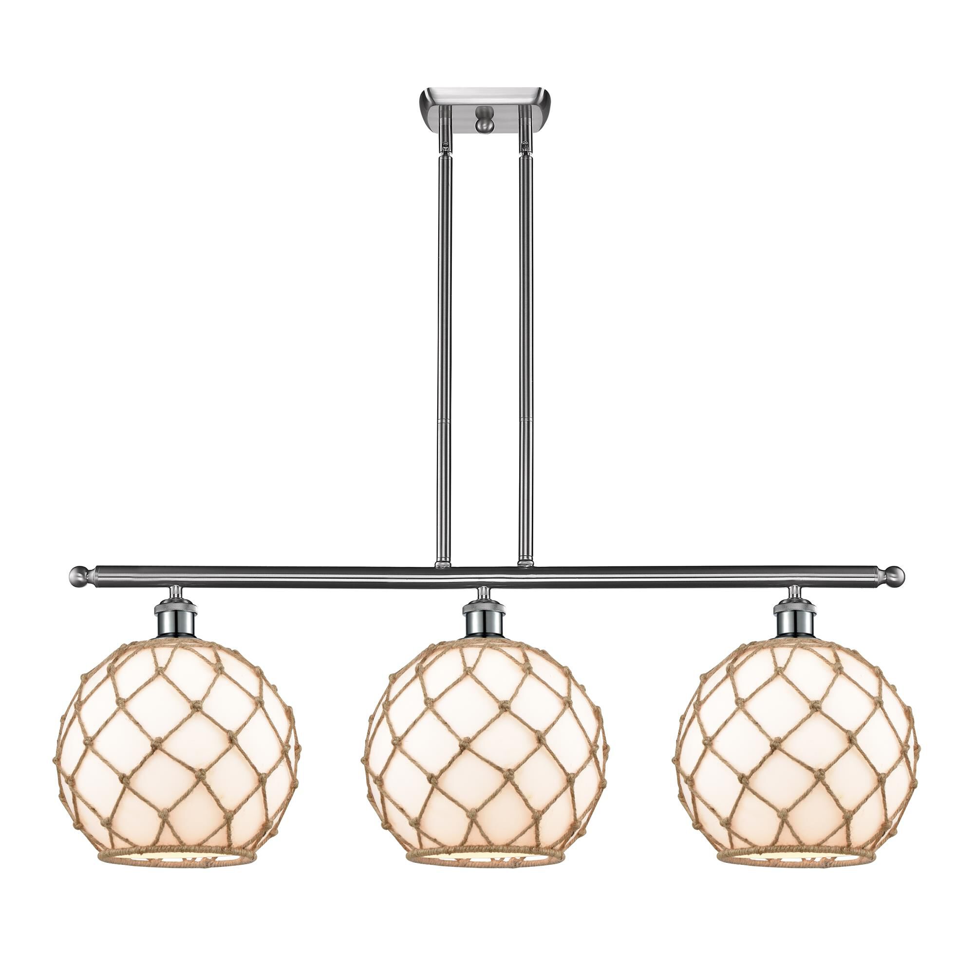 Shown in Brushed Satin Nickel finish and Sphere glass and Glass And Rope shade