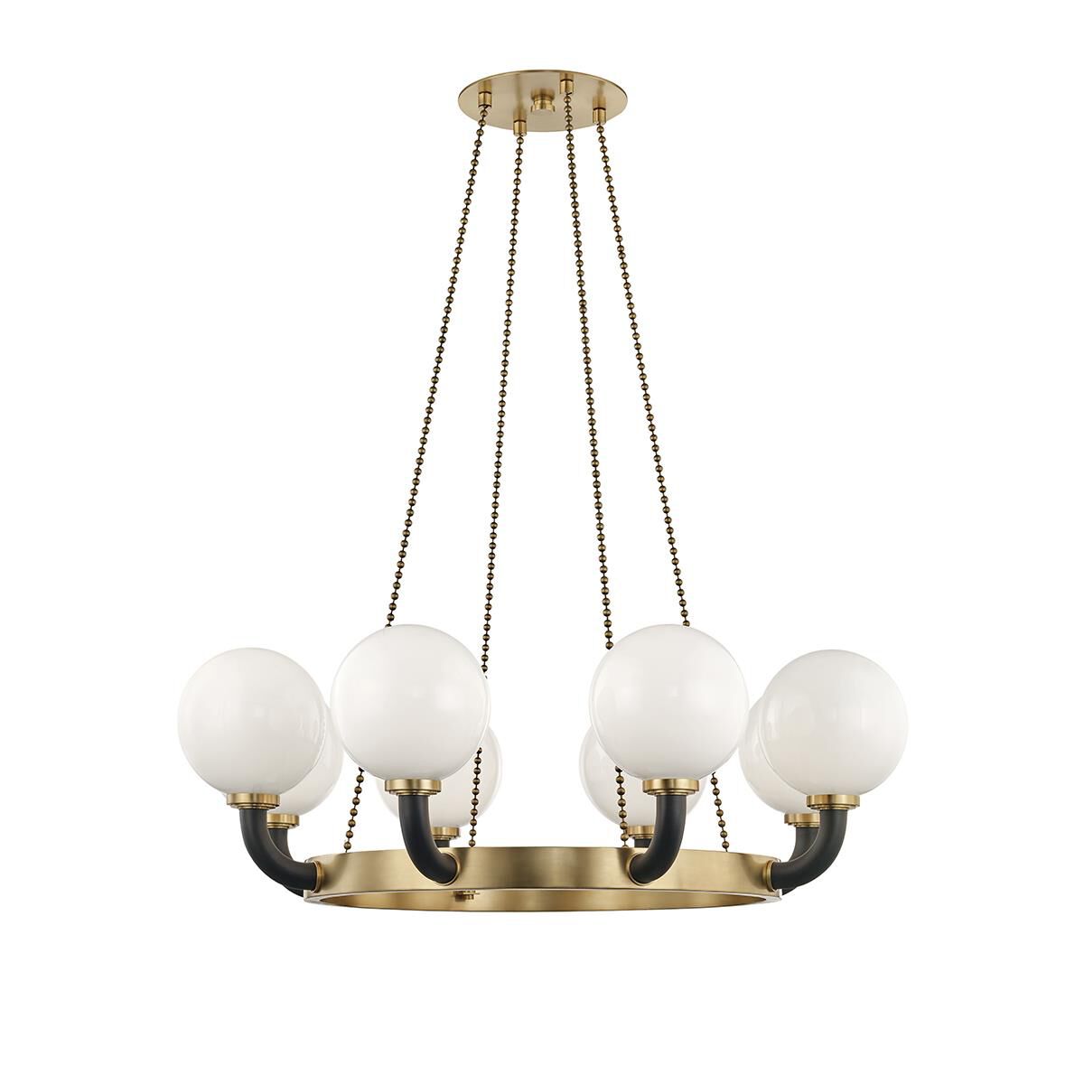 Shown in Aged Brass -  Black finish and Opal White glass and Black accent