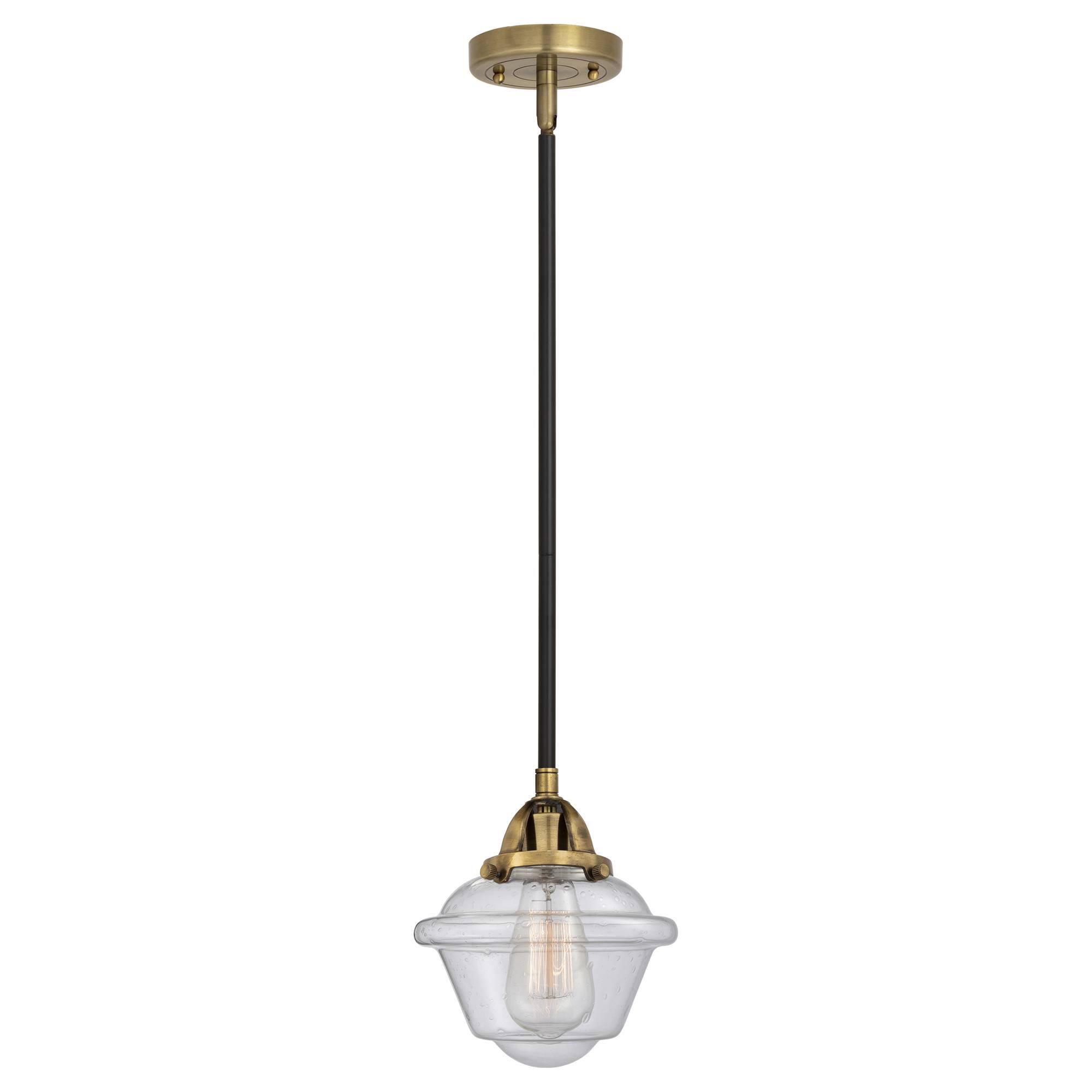 Shown in Black Antique Brass finish and Seedy Small Oxford glass and No Shade shade