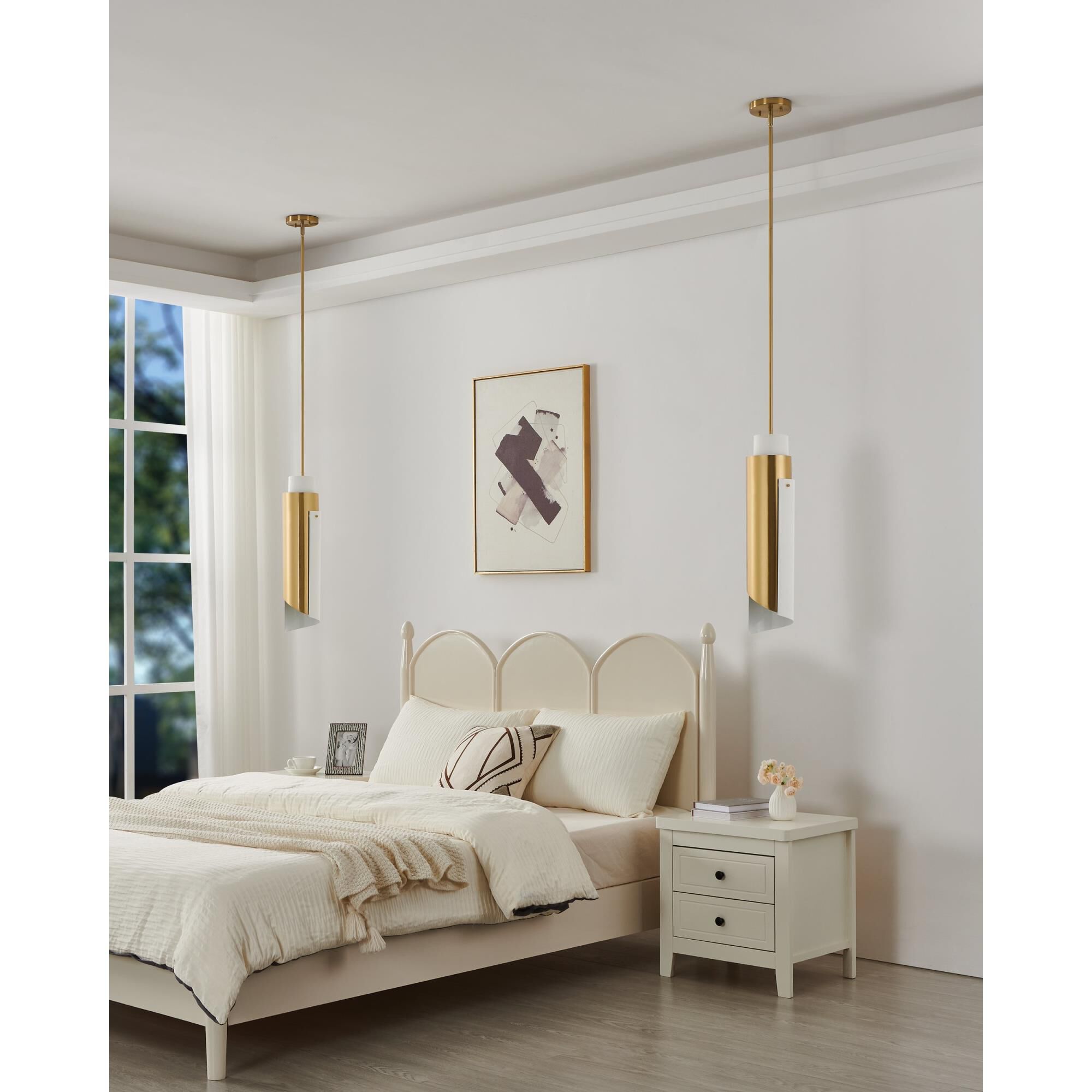 Shown in Brushed Gold finish and Brushed Gold, Matte White shade
