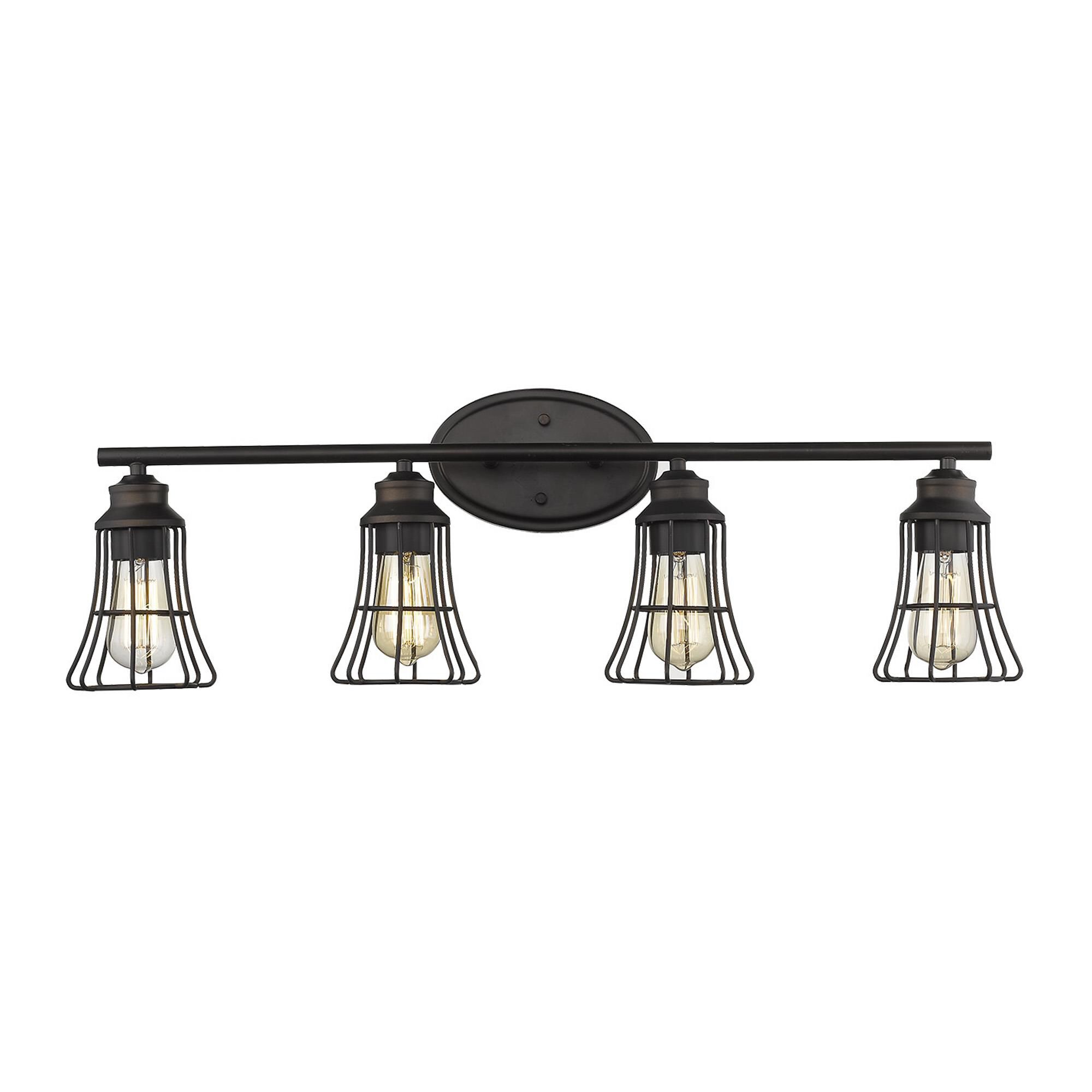 Shown in Oil-Rubbed Bronze finish and Oil-Rubbed Bronze glass and Oil-Rubbed Bronze, Geometric Metal Cage s shade