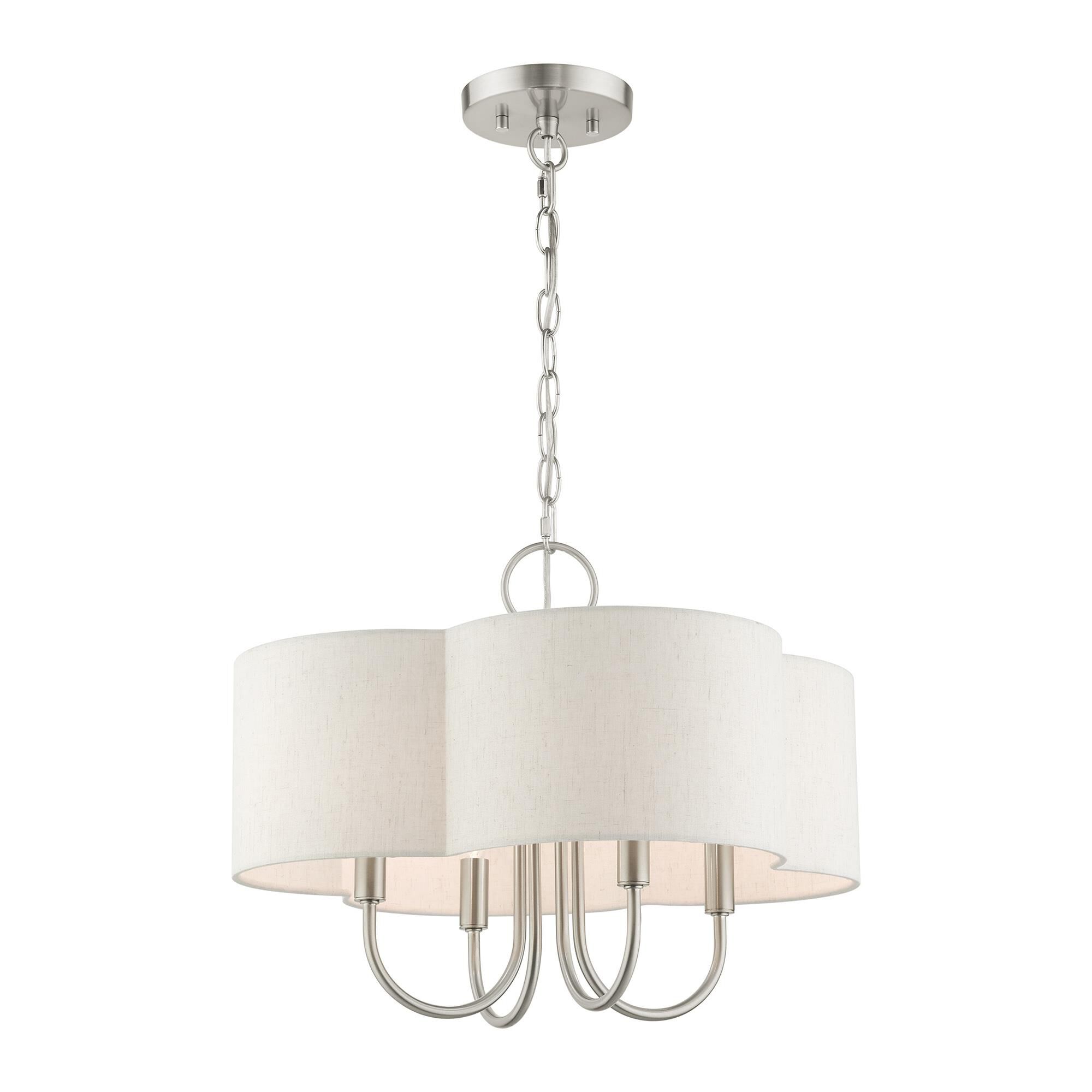 Shown in Brushed Nickel finish and Hand Crafted Hardback Scalloped  Completely Finished With Oatmeal Color Fabric Outside and Inside shade