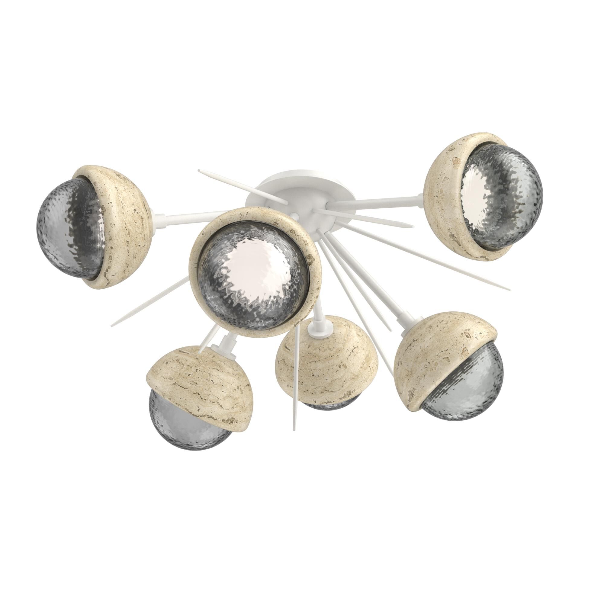 Shown in Salt White finish and Smoke glass and Travertine Stone accent