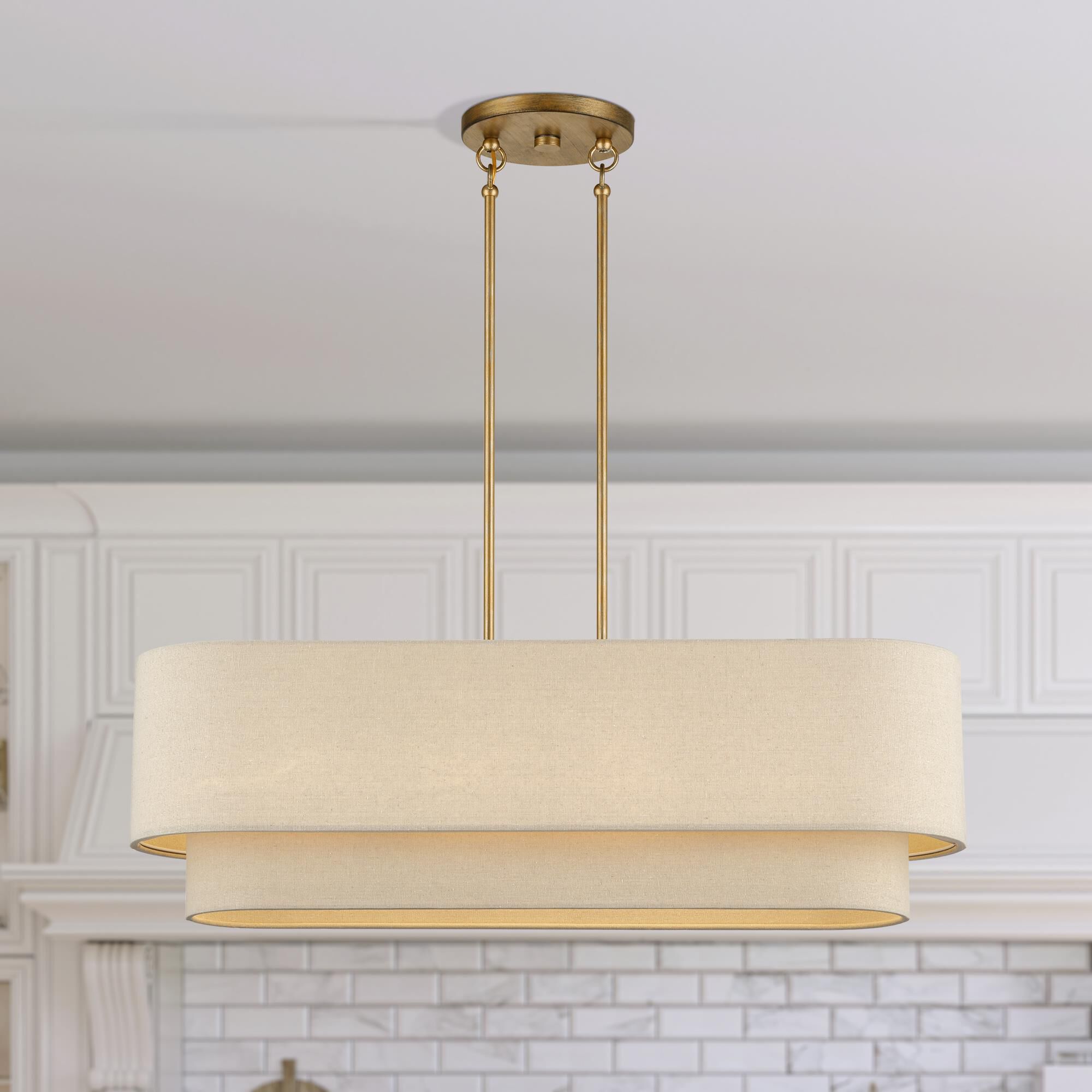 Shown in Antique Gold Leaf finish and Hand Crafted Parchment Color Hardback Fabric shade