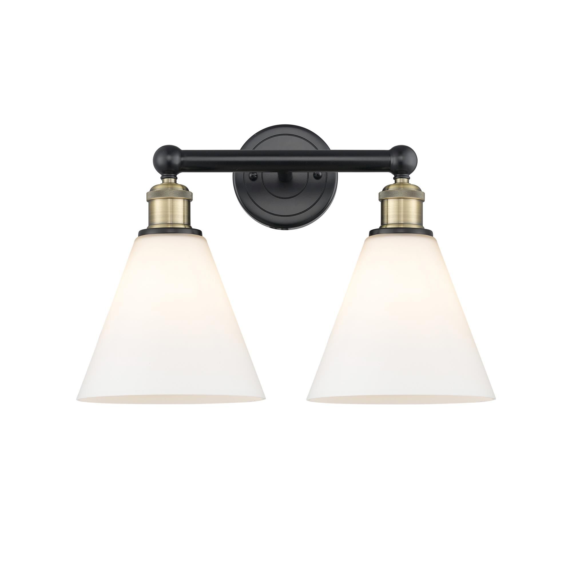 Shown in Black Antique Brass finish and Matte White glass