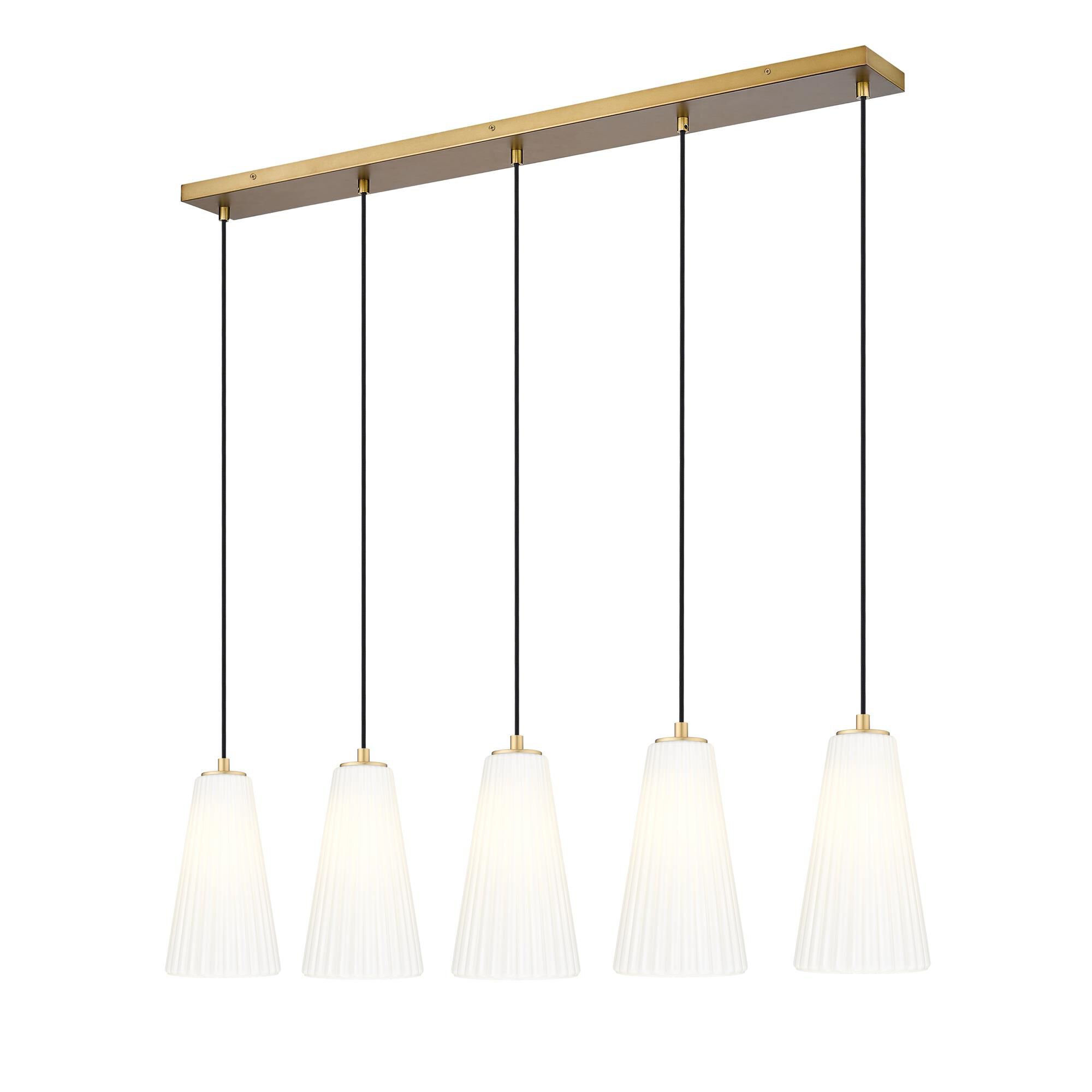 Shown in Modern Gold finish and White glass and White shade