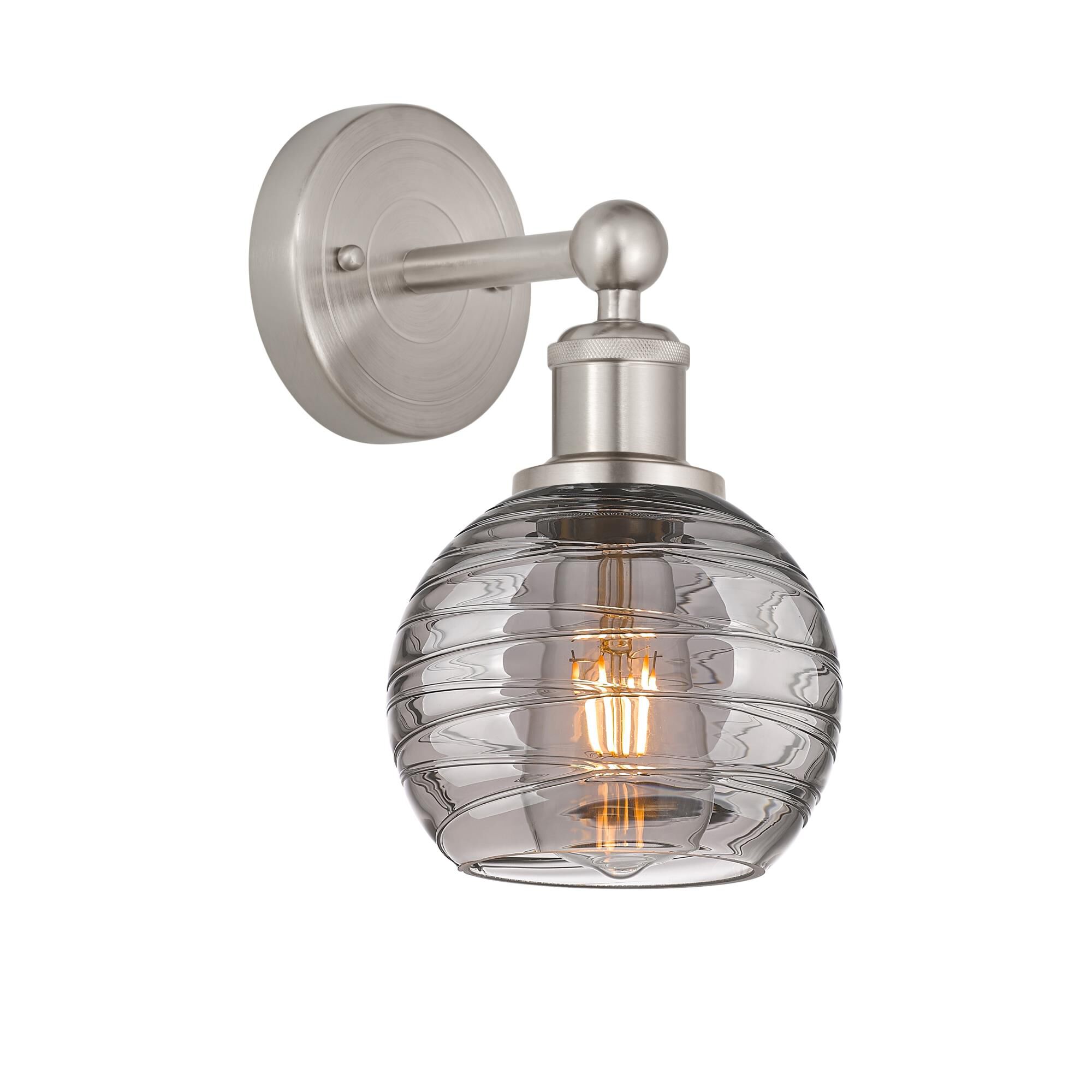 Shown in Brushed Satin Nickel finish and Light Smoke Deco Swirl glass
