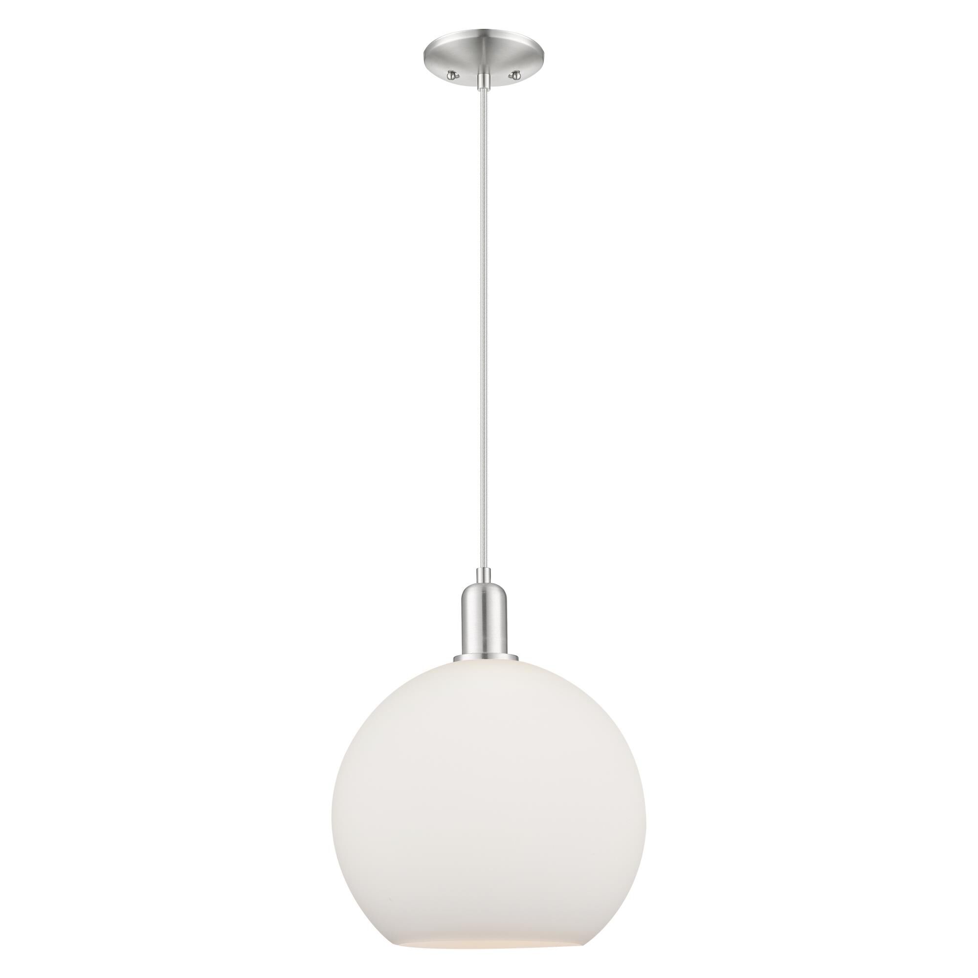 Shown in Brushed Satin Nickel finish and Matte White glass