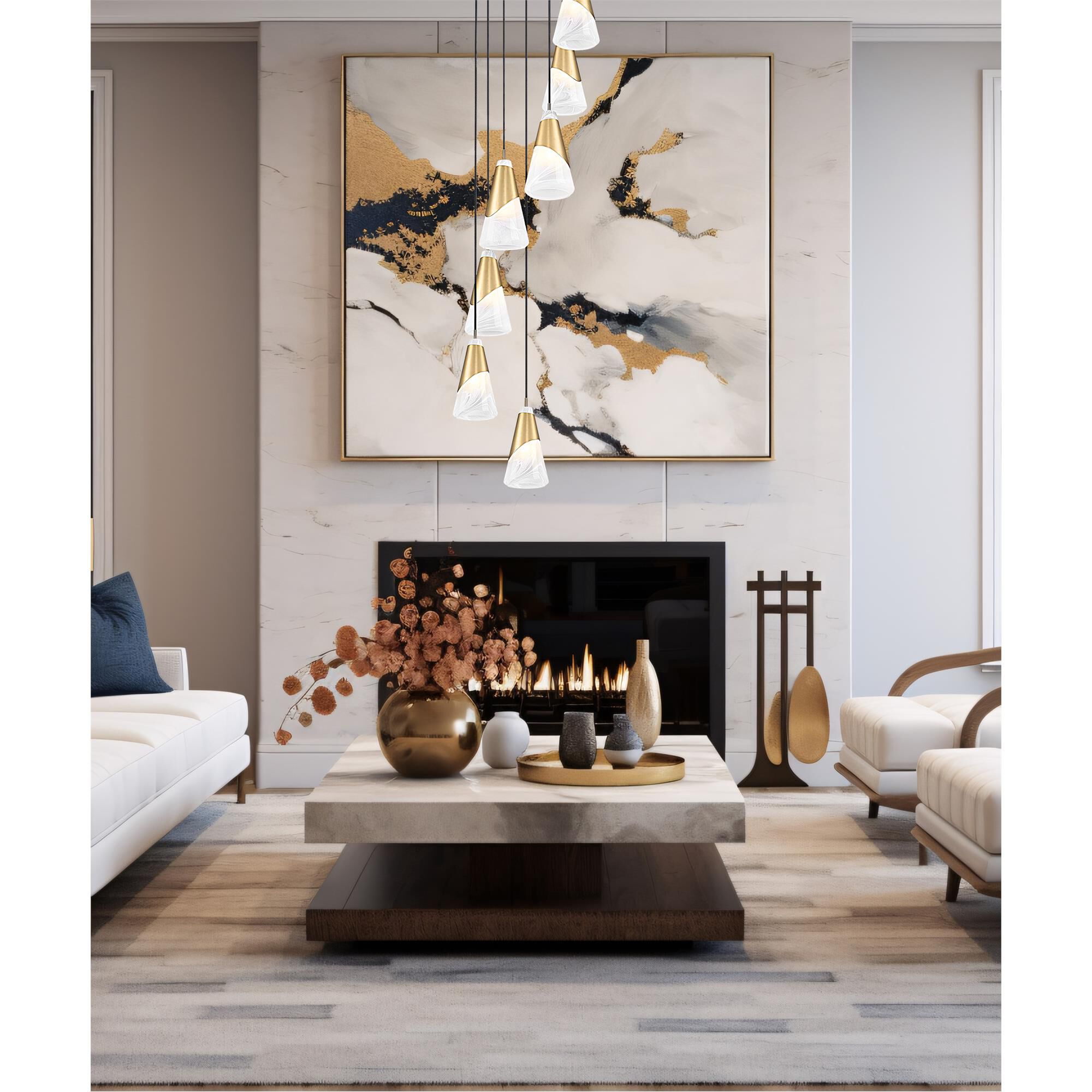 Shown in Modern Gold finish and White Swirl glass and White Swirl shade