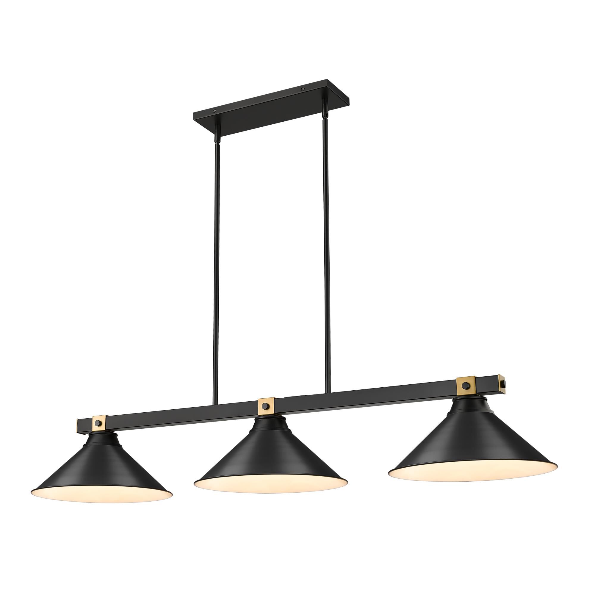 Shown in Matte Black + Rubbed Brass finish and Matte Black glass and Matte Black shade