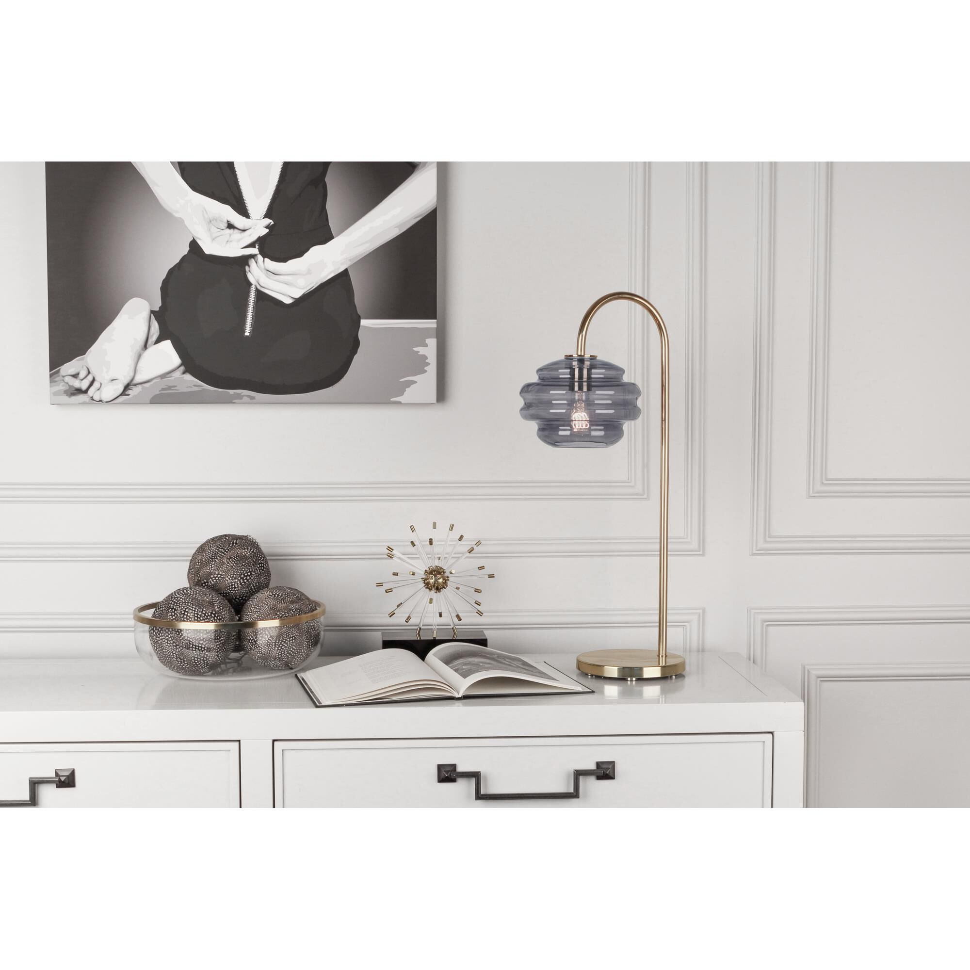 Shown in Modern Brass Finish W/ Smoke Gray Glass finish