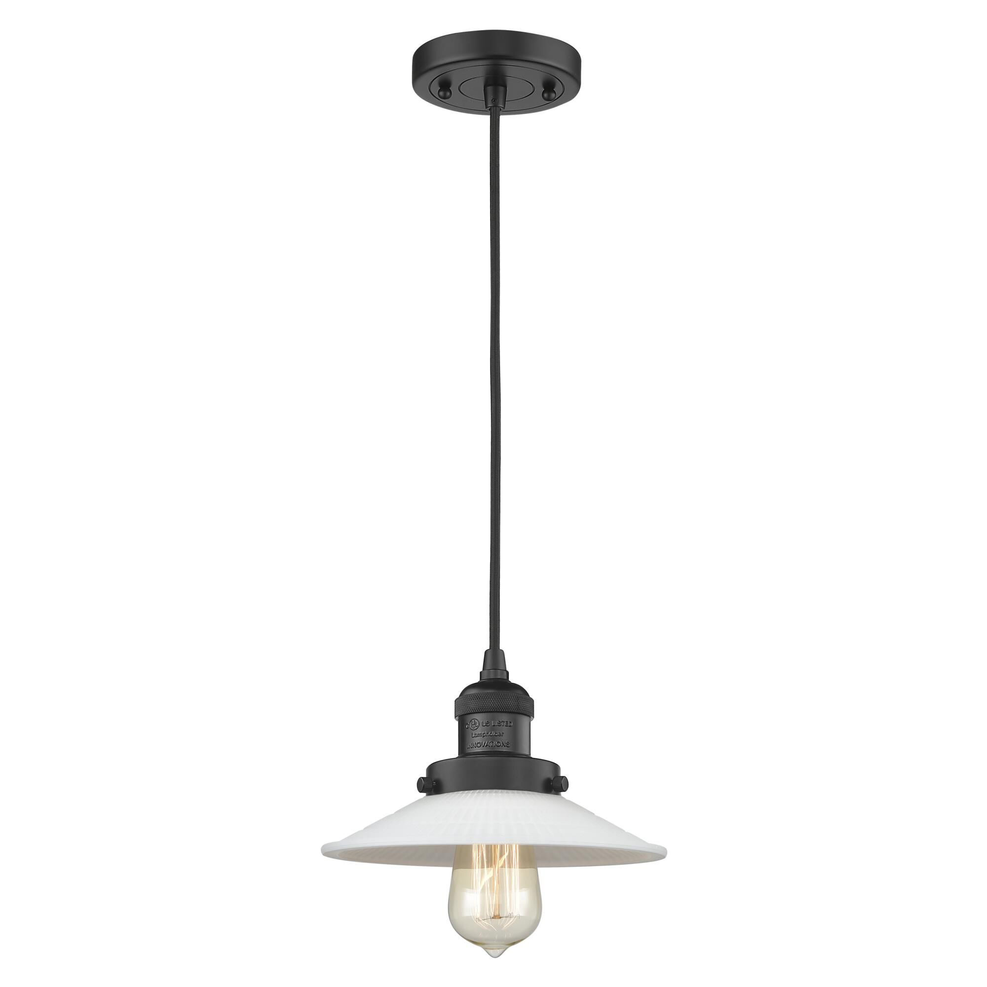 Shown in Matte Black finish and Matte White Halophane - Cone glass and Black Textured Cord accent