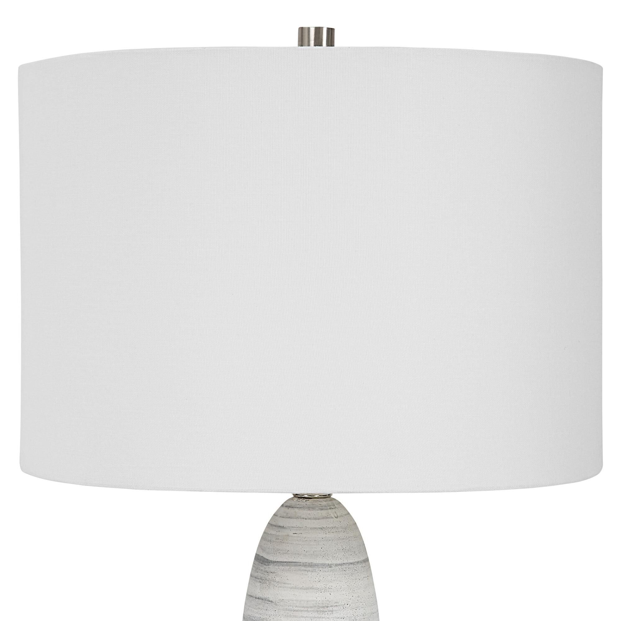 Shown in This Sleek Ceramic Table Lamp Features A Matte White Glaze With Brushed Light Gray Detailing, Paired finish and Round Drum Hardback shade